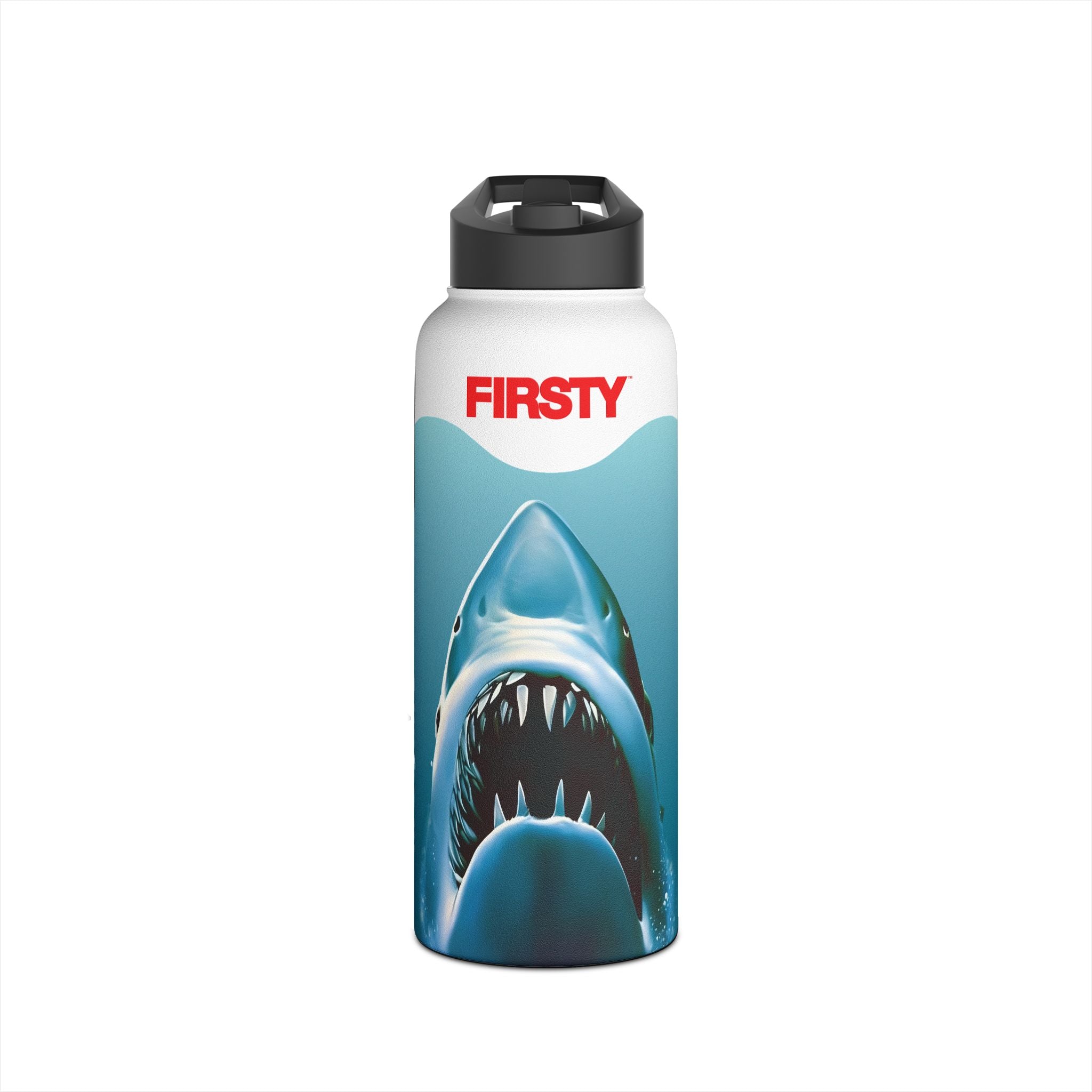 FIRSTY™ Limited Edition™ - 3 Sizes - Jaws Blue - Stainless Steel Water Bottle with Carry Handle and Straw Lid - BPA-Free, Eco-Friendly