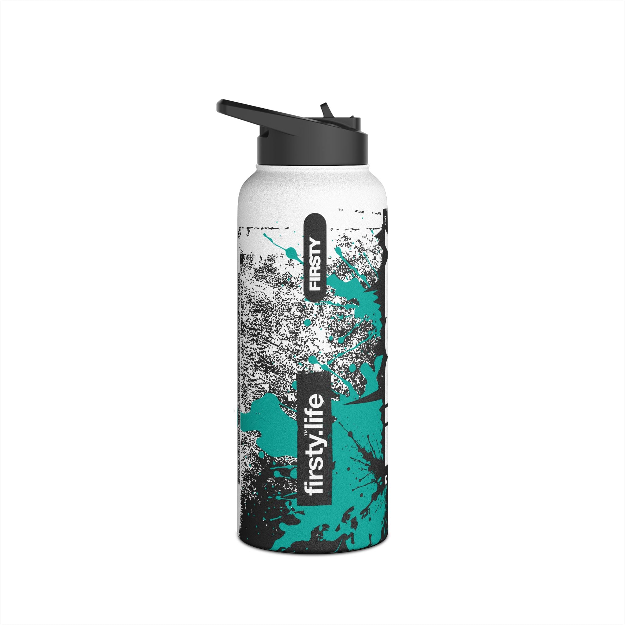FIRSTY™ Limited Edition™ - 3 Sizes - Street King Black and Teal Ink - Stainless Steel Water Bottle with Carry Handle and Straw Lid - BPA-Free, Eco-Friendly