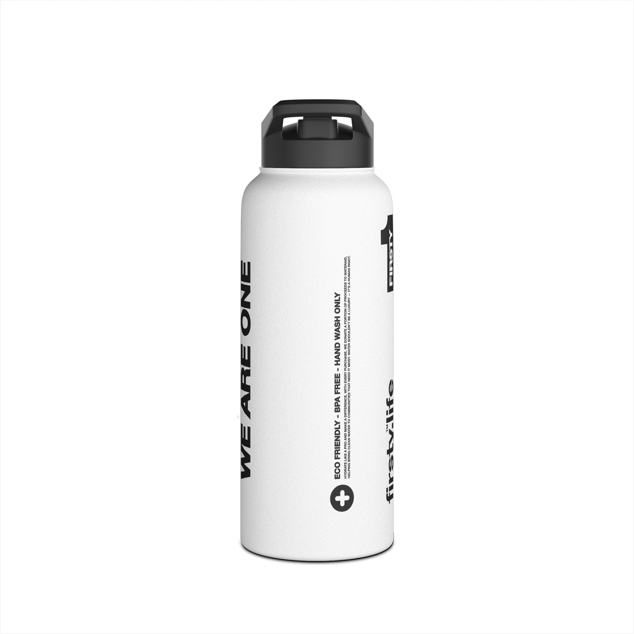 FIRSTY™ We Are One™ - 3 Sizes - Black on White - Stainless Steel Water Bottle with Carry Handle and Straw Lid - BPA-Free, Eco-Friendly