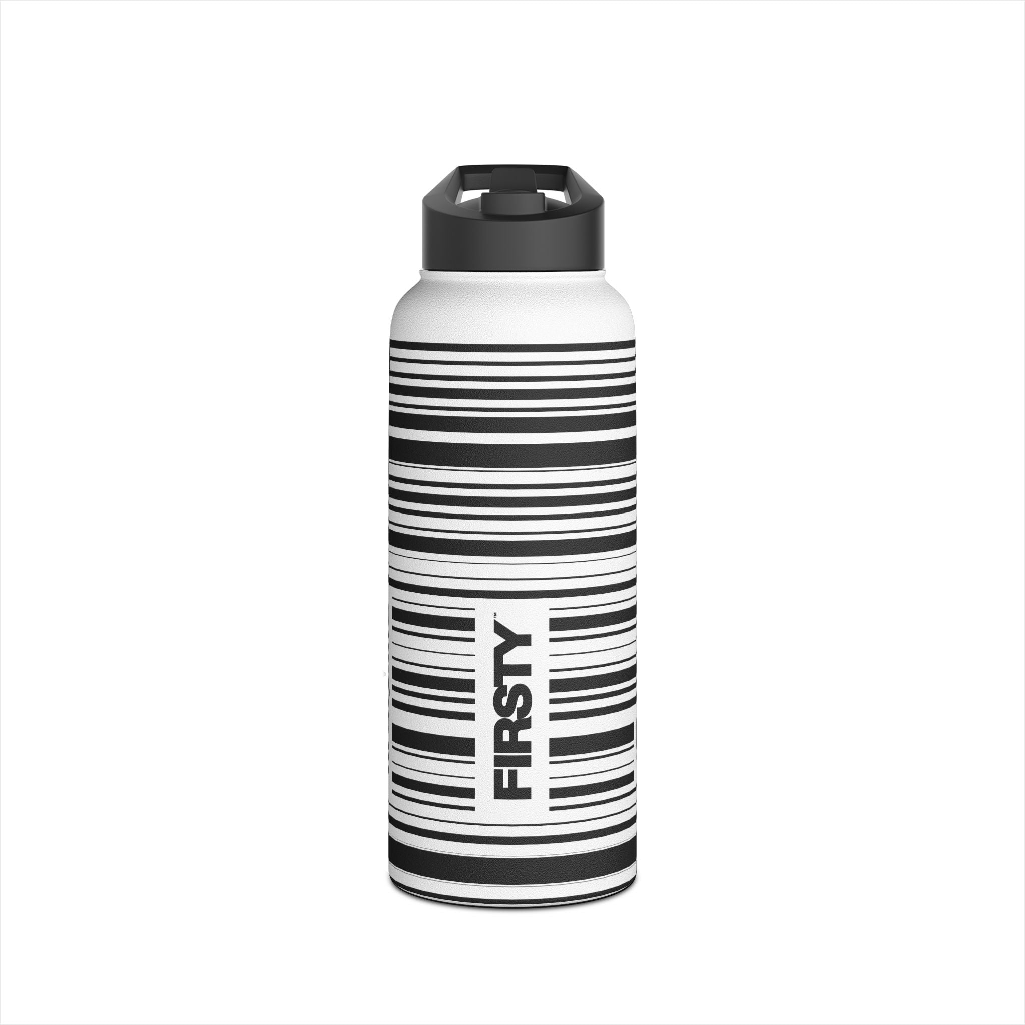 FIRSTY™ Limited Edition™ - 3 Sizes - Barcode Black - Stainless Steel Water Bottle with Carry Handle and Straw Lid - BPA-Free, Eco-Friendly