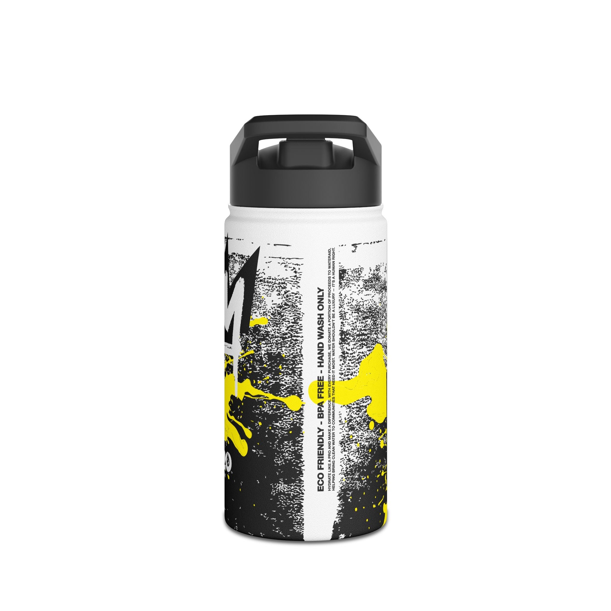 FIRSTY™ Limited Edition™ - 3 Sizes - Street King Black and Yellow Ink - Stainless Steel Water Bottle with Carry Handle and Straw Lid - BPA-Free, Eco-Friendly