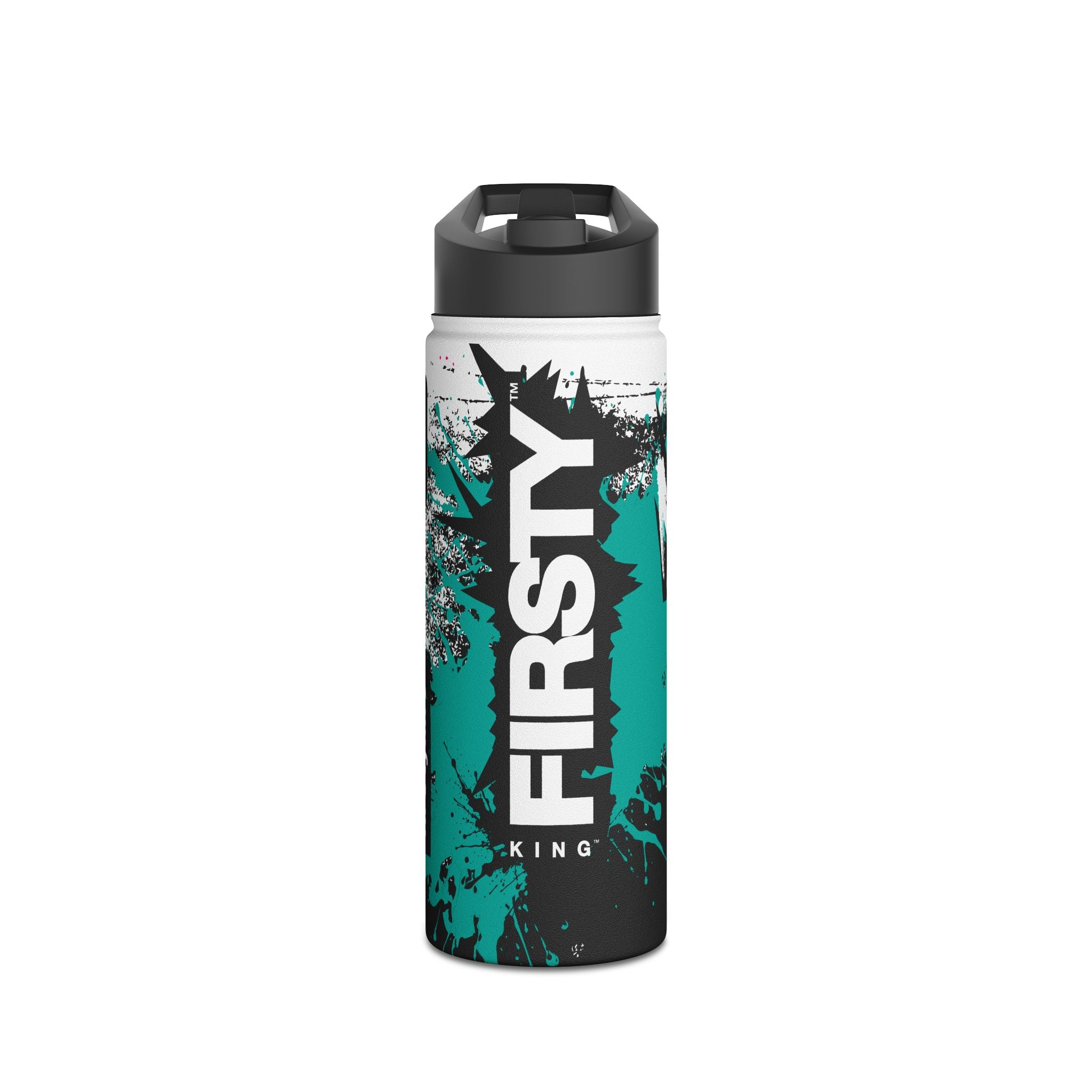 FIRSTY™ Limited Edition™ - 3 Sizes - Street King Black and Teal Ink - Stainless Steel Water Bottle with Carry Handle and Straw Lid - BPA-Free, Eco-Friendly
