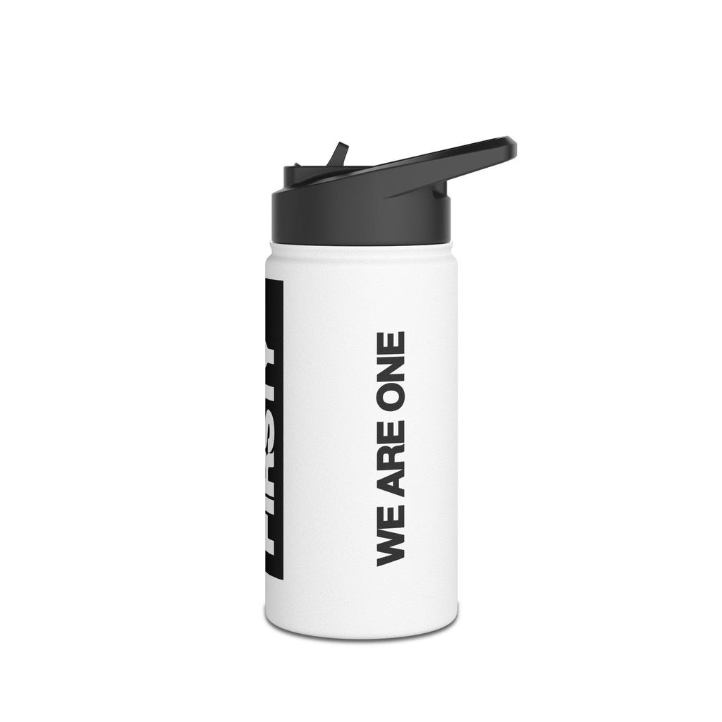 FIRSTY™ We Are One™ - 3 Sizes - Black on White - Stainless Steel Water Bottle with Carry Handle and Straw Lid - BPA-Free, Eco-Friendly