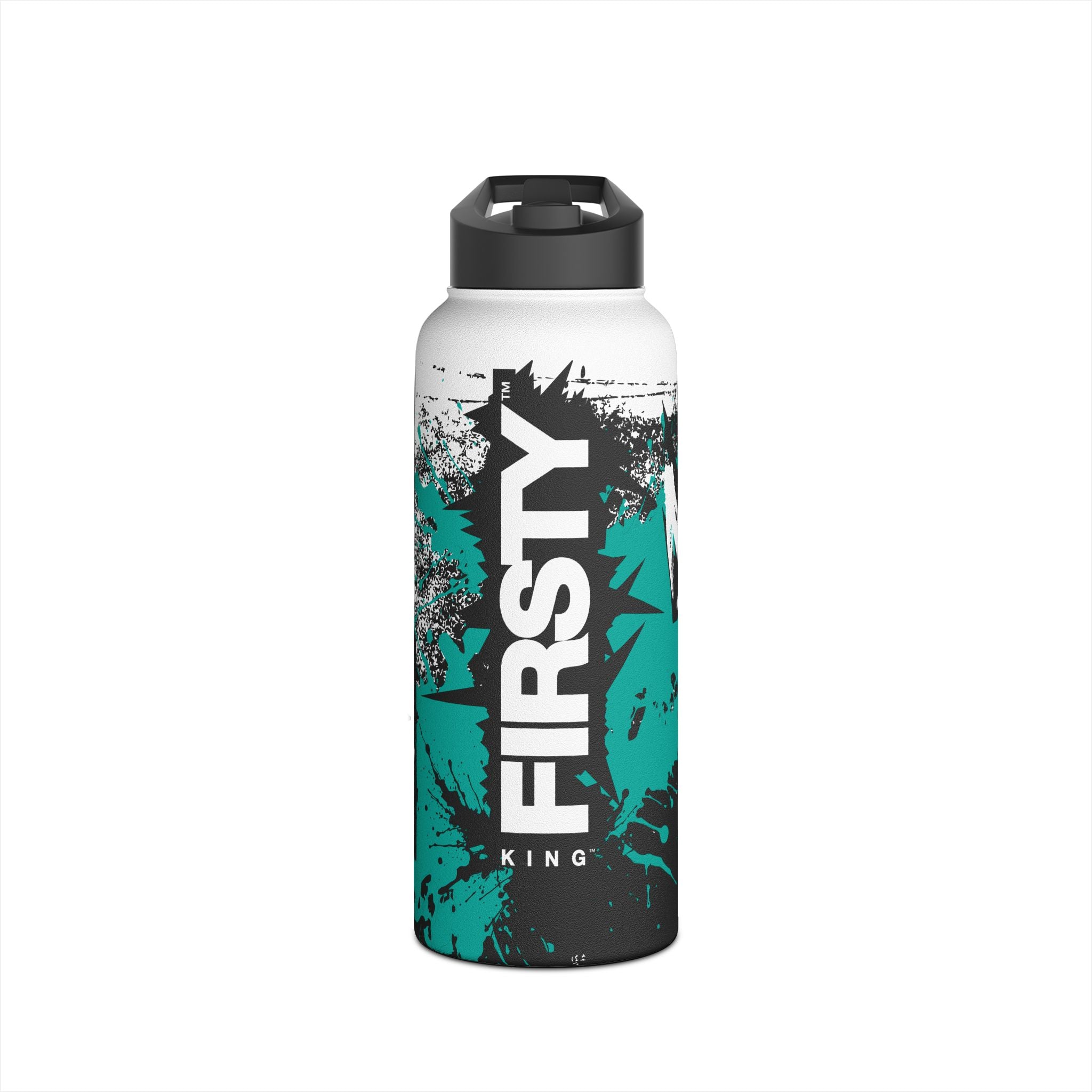 FIRSTY™ Limited Edition™ - 3 Sizes - Street King Black and Teal Ink - Stainless Steel Water Bottle with Carry Handle and Straw Lid - BPA-Free, Eco-Friendly