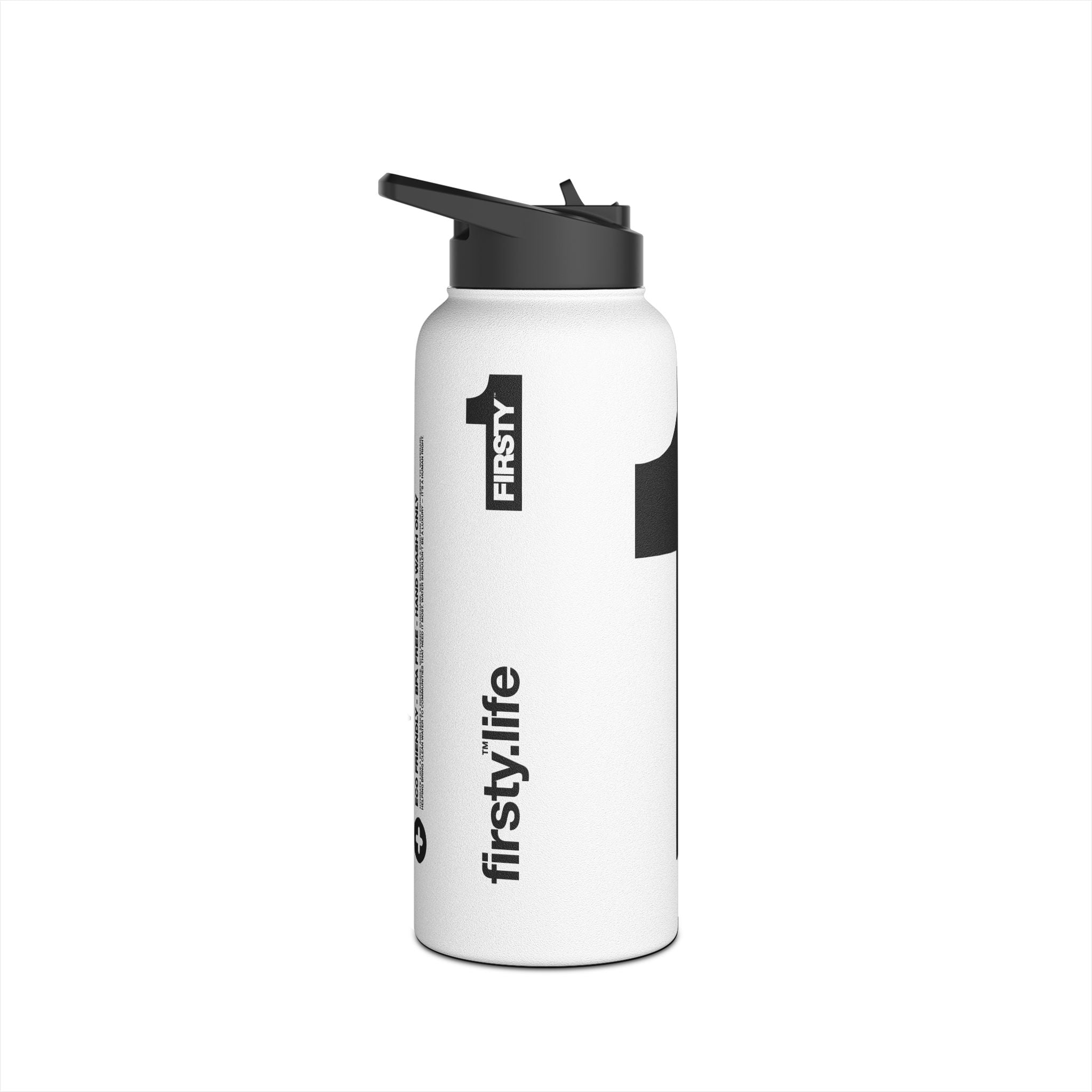 FIRSTY™ We Are One™ - 3 Sizes - Black on White - Stainless Steel Water Bottle with Carry Handle and Straw Lid - BPA-Free, Eco-Friendly