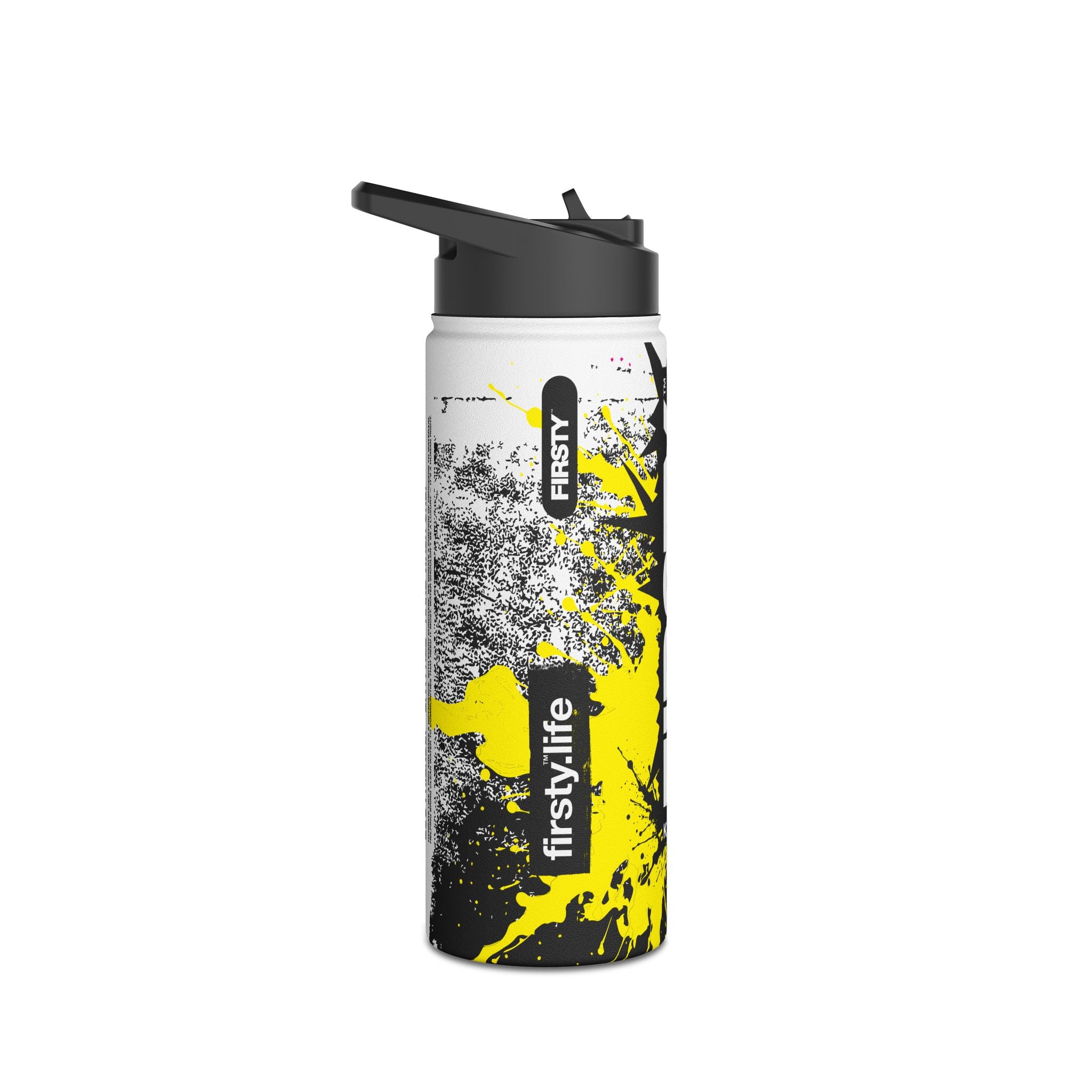 FIRSTY™ Limited Edition™ - 3 Sizes - Street King Black and Yellow Ink - Stainless Steel Water Bottle with Carry Handle and Straw Lid - BPA-Free, Eco-Friendly