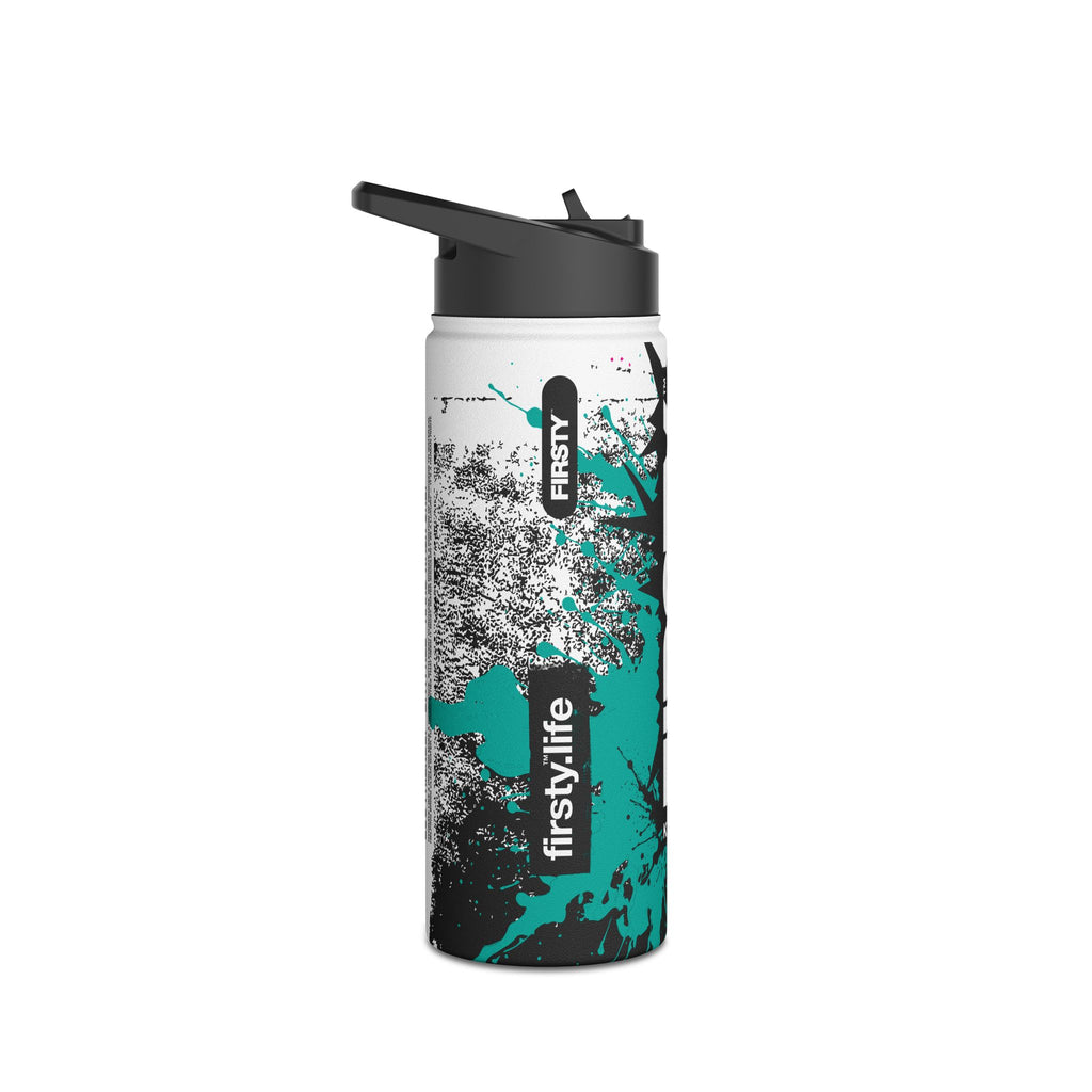 FIRSTY™ Limited Edition™ - 3 Sizes - Street King Black and Teal Ink - Stainless Steel Water Bottle with Carry Handle and Straw Lid - BPA-Free, Eco-Friendly