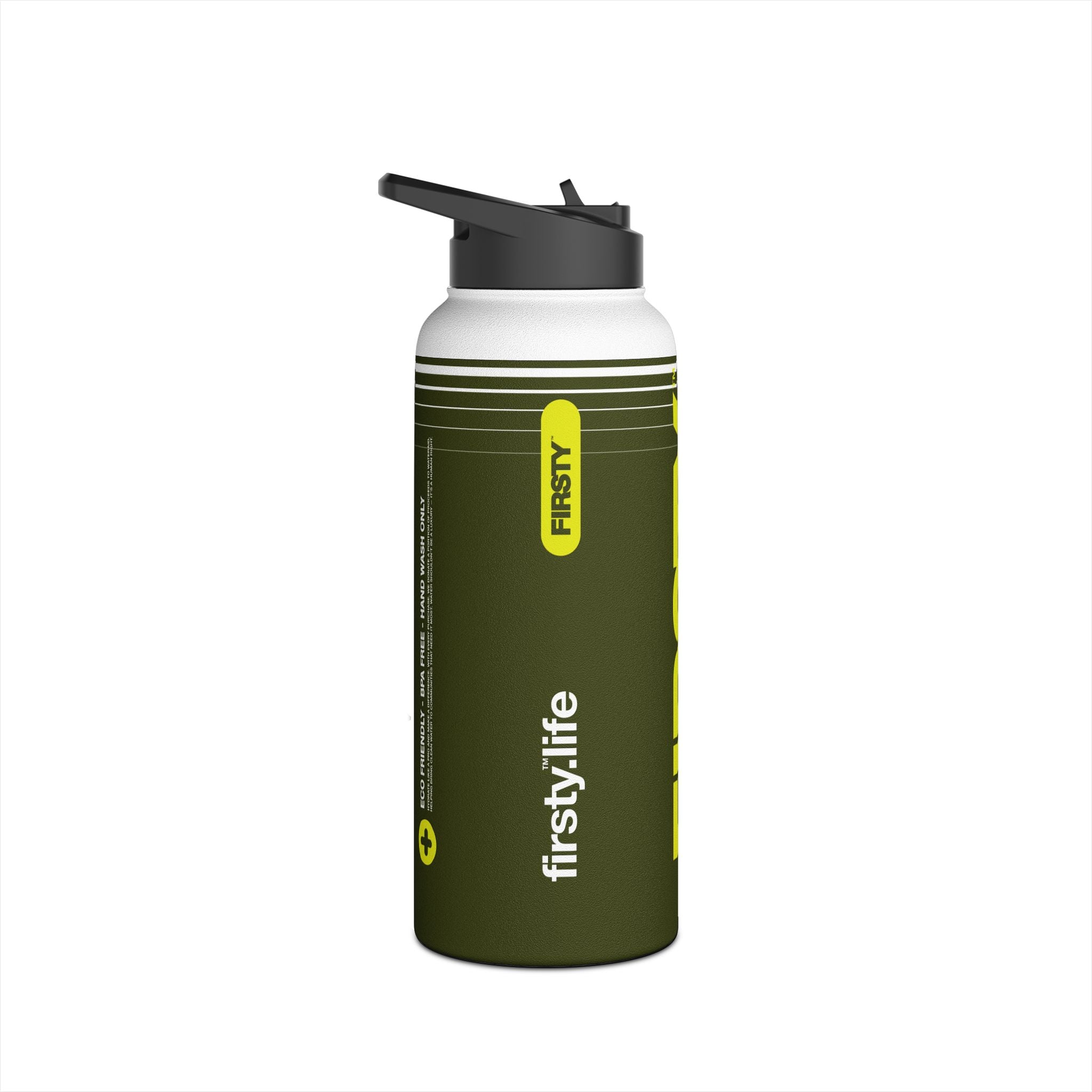 FIRSTY™ 3 Sizes - Hydrate - Deep Green with Neon - Stainless Steel Water Bottle with Carry Handle and Straw Lid - BPA-Free, Eco-Friendly