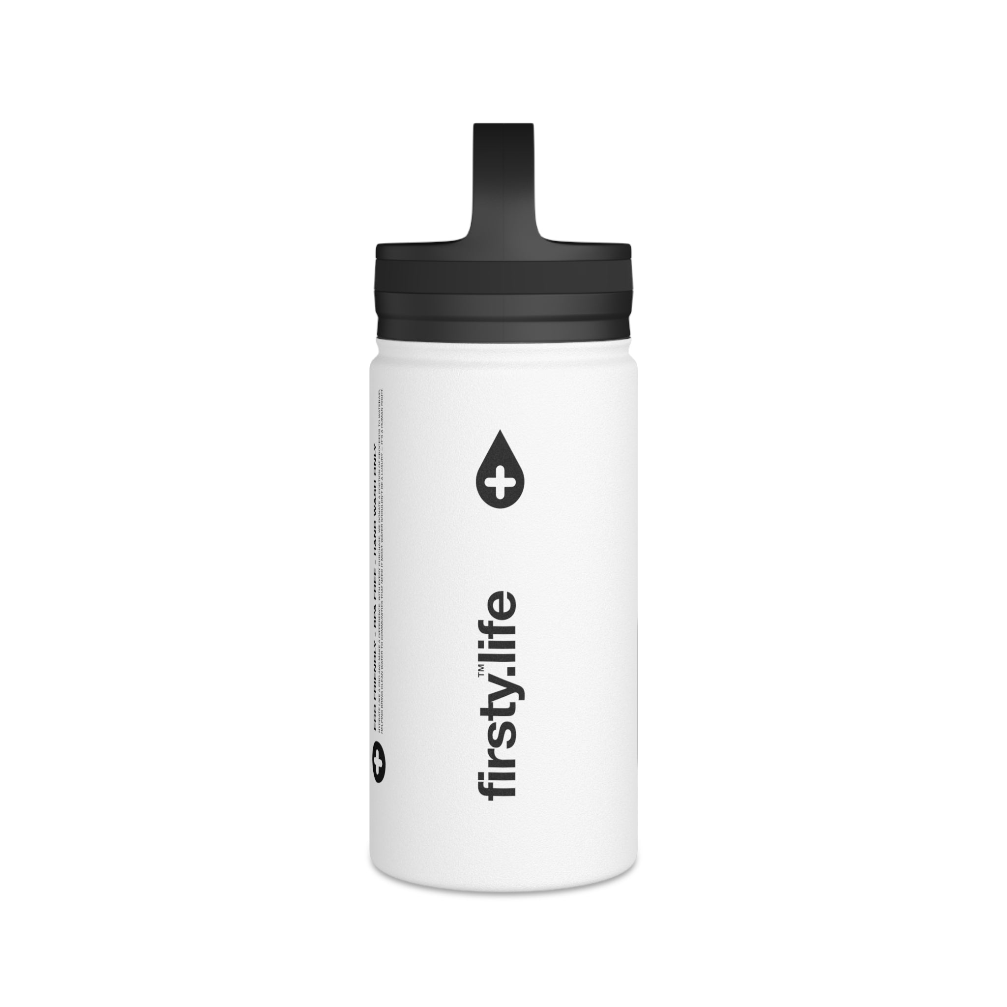 FIRSTY™ Hydrate™ Thirst First™ 3 Sizes - White  - Stainless Steel Water Bottle with Carry Handle - BPA-Free, Eco-Friendly