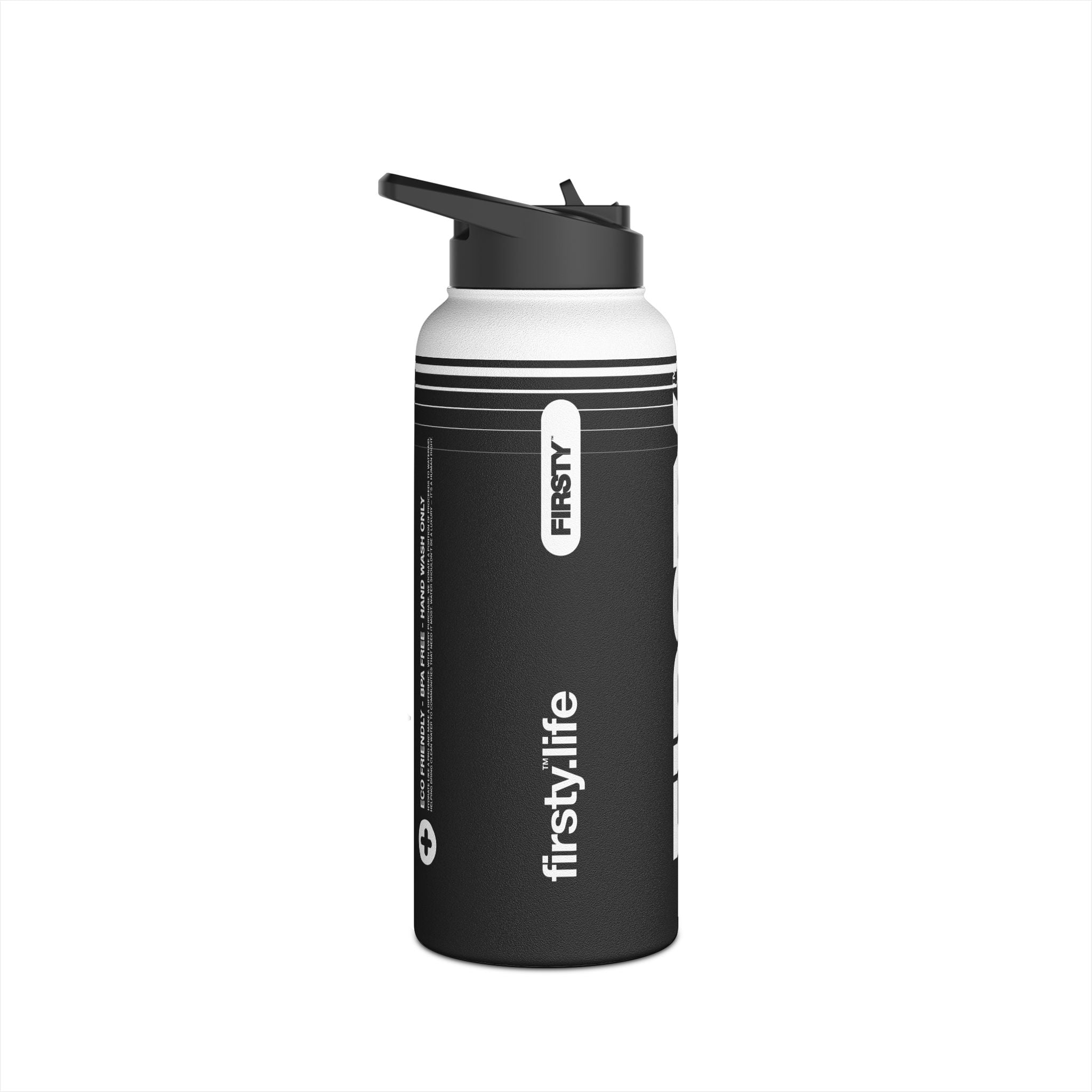 FIRSTY™ 3 Sizes - Hydrate Black - Stainless Steel Water Bottle with Carry Handle and Straw Lid - BPA-Free, Eco-Friendly