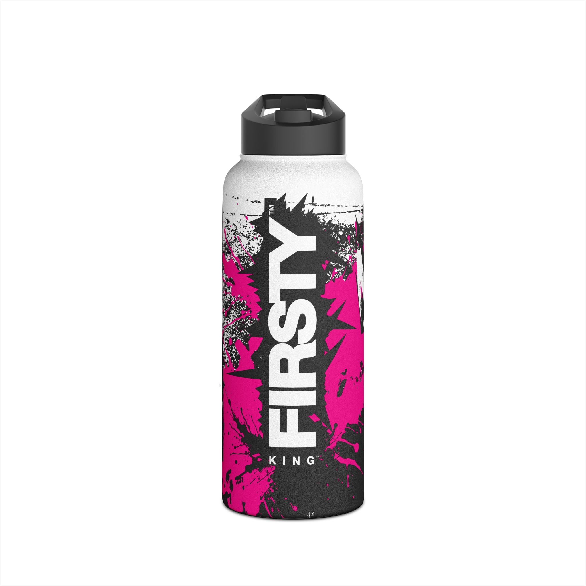 FIRSTY™ Limited Edition™ - 3 Sizes - Street King Black and Pink Ink - Stainless Steel Water Bottle with Carry Handle and Straw Lid - BPA-Free, Eco-Friendly