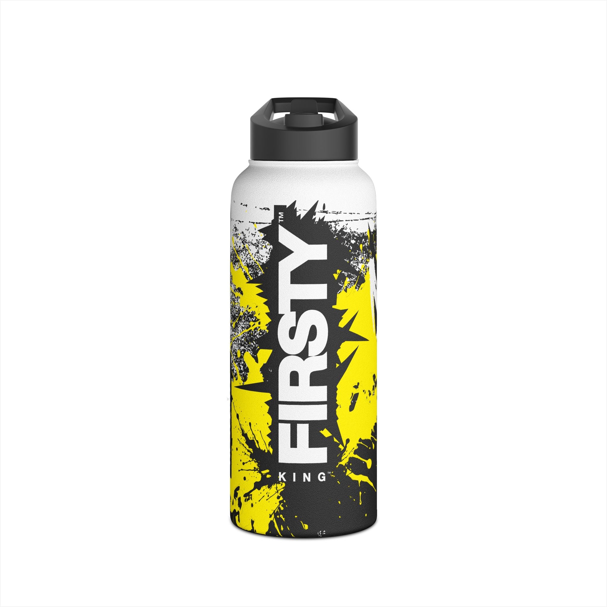FIRSTY™ Limited Edition™ - 3 Sizes - Street King Black and Yellow Ink - Stainless Steel Water Bottle with Carry Handle and Straw Lid - BPA-Free, Eco-Friendly