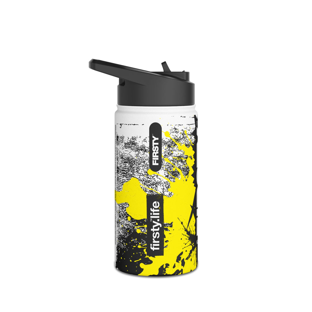 FIRSTY™ Limited Edition™ - 3 Sizes - Street King Black and Yellow Ink - Stainless Steel Water Bottle with Carry Handle and Straw Lid - BPA-Free, Eco-Friendly