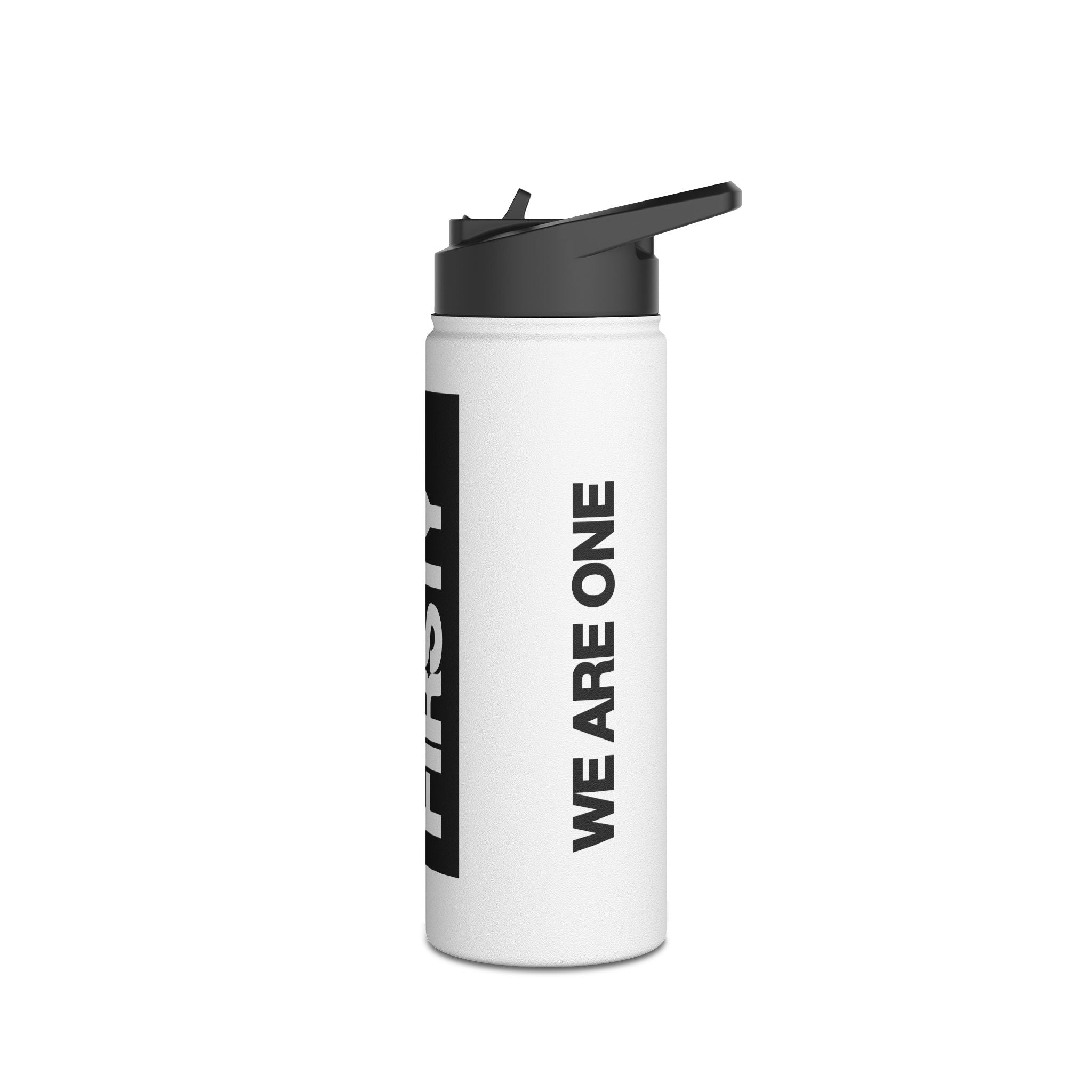 FIRSTY™ We Are One™ - 3 Sizes - Black on White - Stainless Steel Water Bottle with Carry Handle and Straw Lid - BPA-Free, Eco-Friendly