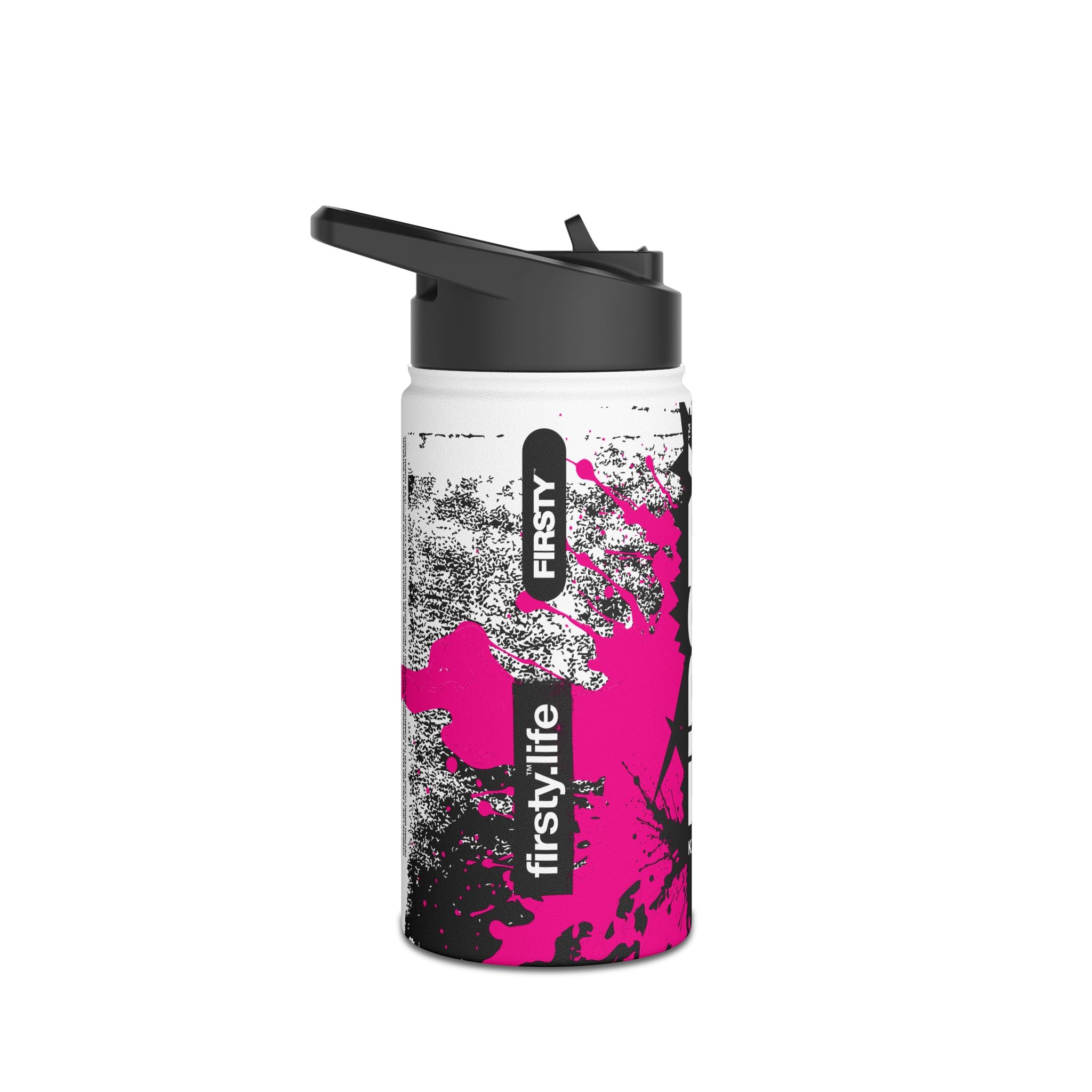FIRSTY™ Limited Edition™ - 3 Sizes - Street King Black and Pink Ink - Stainless Steel Water Bottle with Carry Handle and Straw Lid - BPA-Free, Eco-Friendly