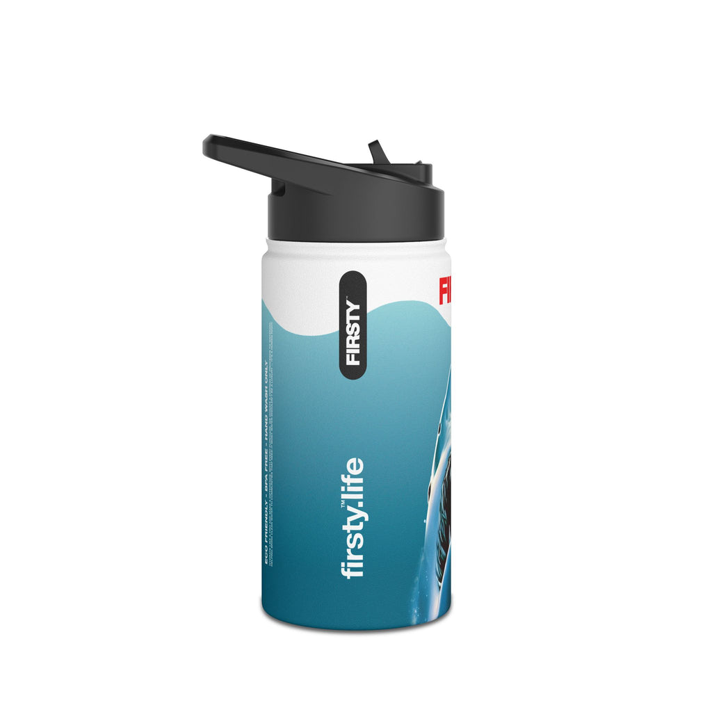 FIRSTY™ Limited Edition™ - 3 Sizes - Jaws Blue - Stainless Steel Water Bottle with Carry Handle and Straw Lid - BPA-Free, Eco-Friendly