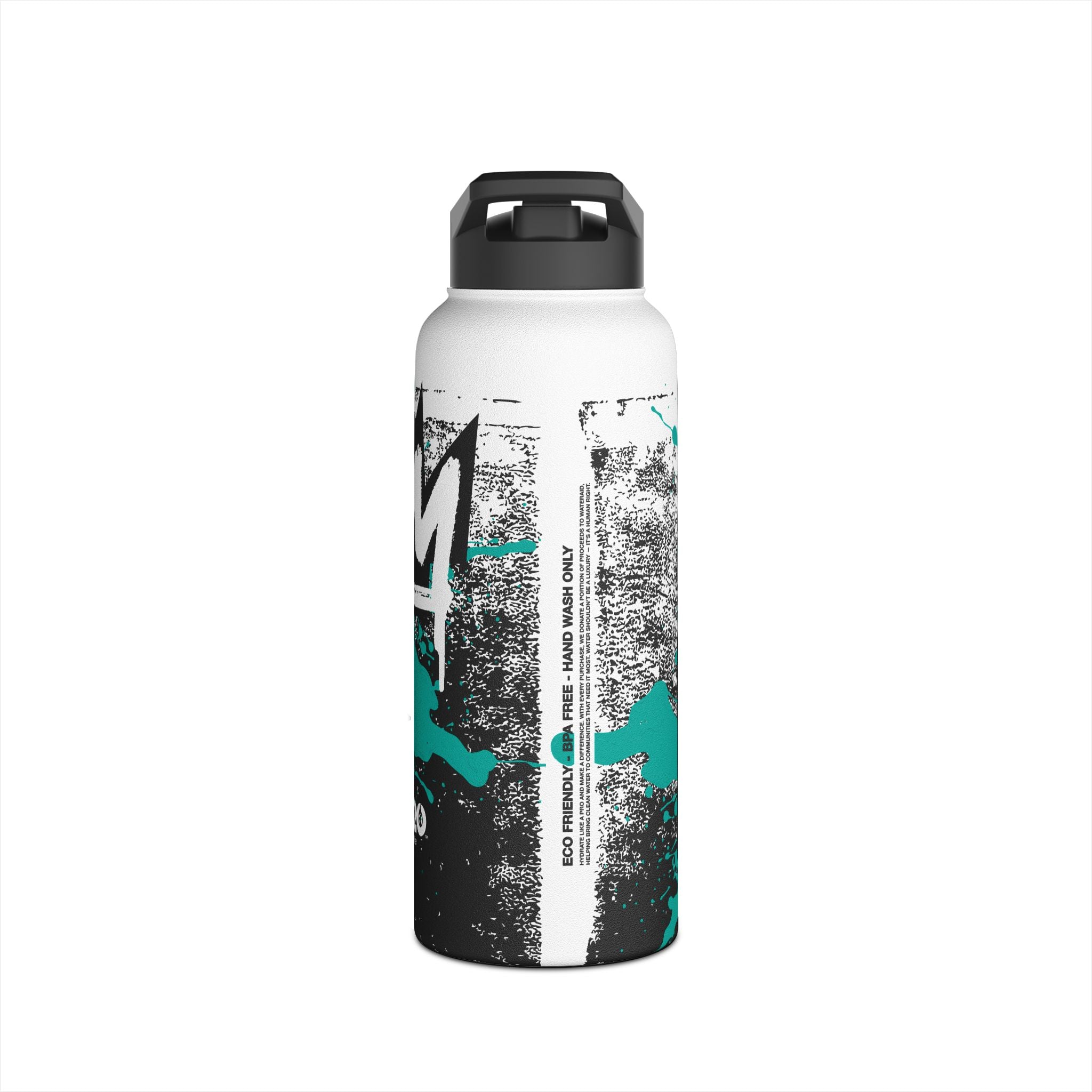 FIRSTY™ Limited Edition™ - 3 Sizes - Street King Black and Teal Ink - Stainless Steel Water Bottle with Carry Handle and Straw Lid - BPA-Free, Eco-Friendly