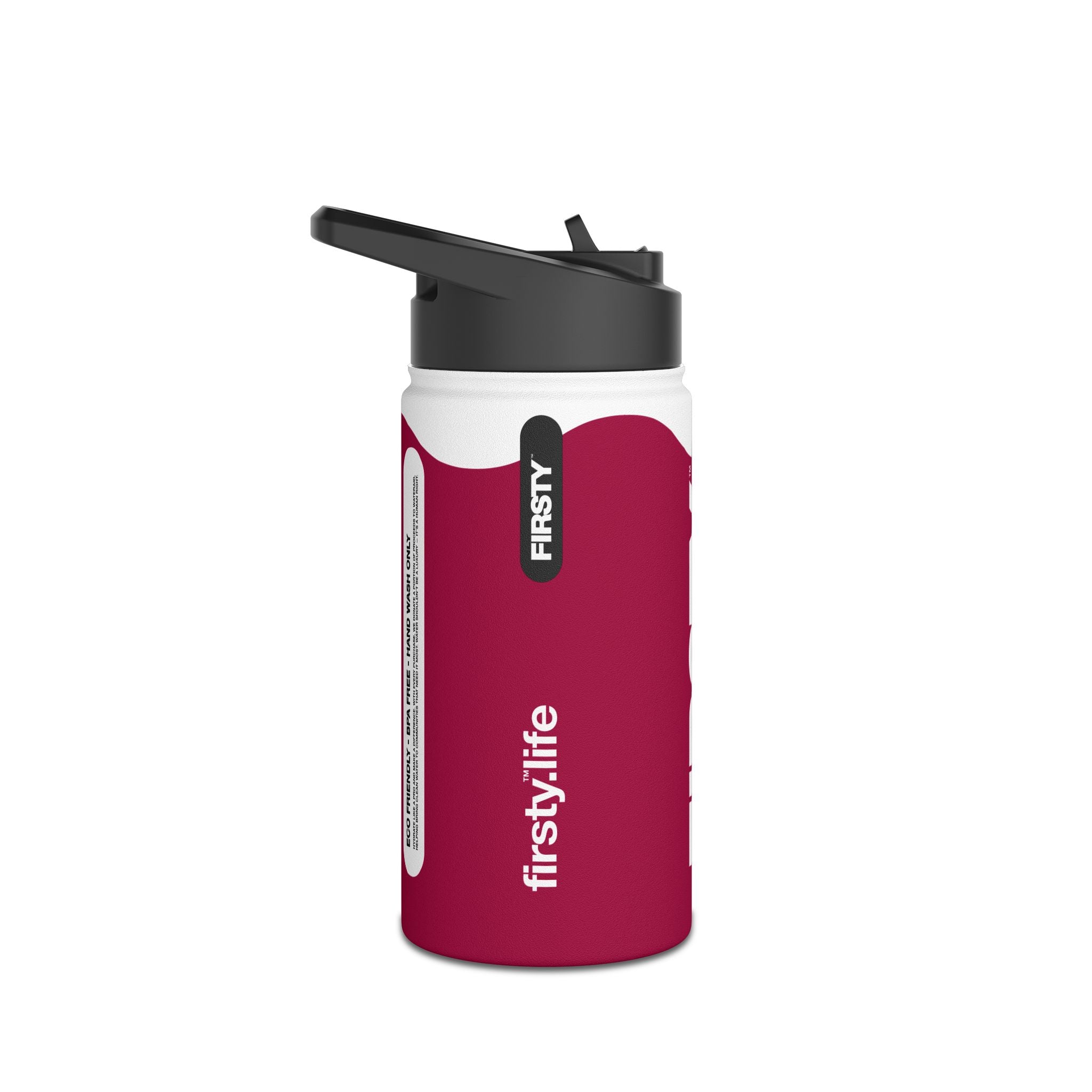 FIRSTY™ Wave™ 3 Sizes - Burgundy & White - Stainless Steel Water Bottle with Carry Handle and Straw Lid - BPA-Free, Eco-Friendly
