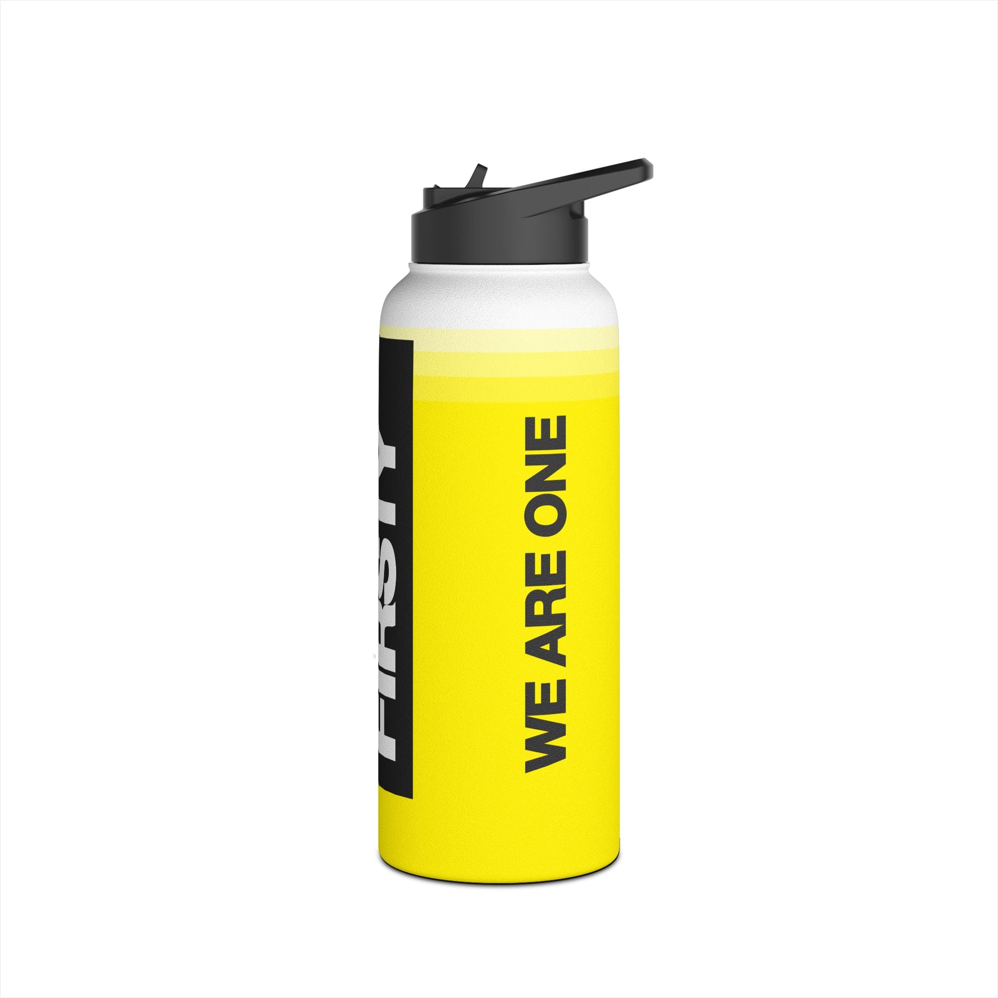 FIRSTY™ We Are One™ - 3 Sizes - Black on Yellow - Stainless Steel Water Bottle with Carry Handle and Straw Lid - BPA-Free, Eco-Friendly