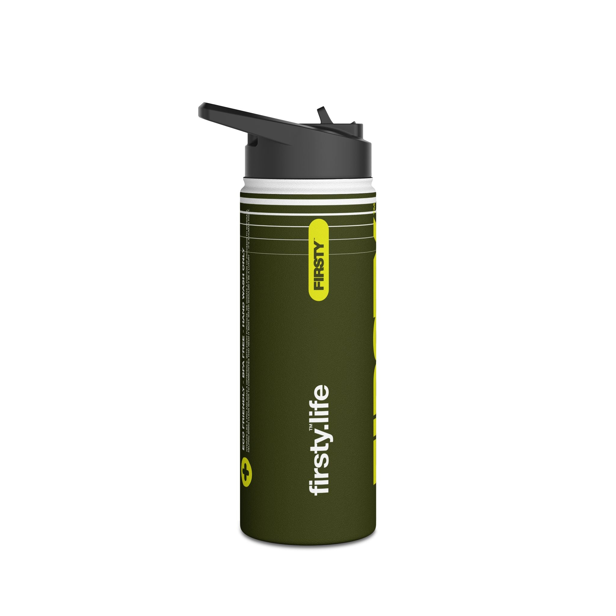 FIRSTY™ 3 Sizes - Hydrate - Deep Green with Neon - Stainless Steel Water Bottle with Carry Handle and Straw Lid - BPA-Free, Eco-Friendly