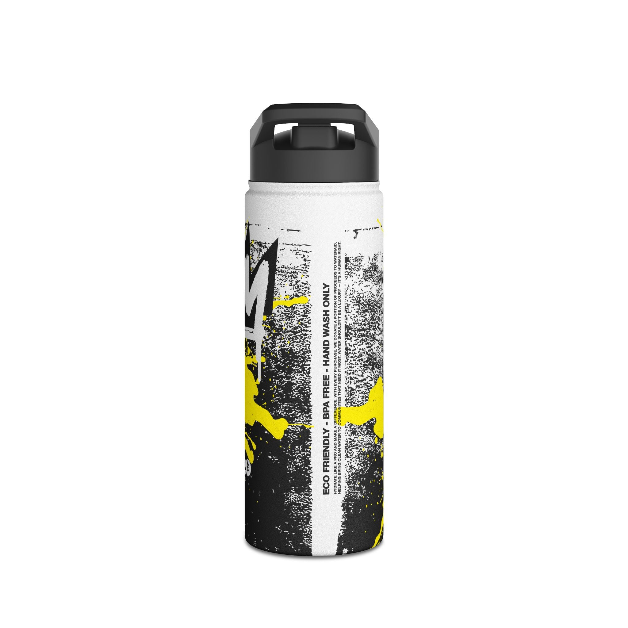 FIRSTY™ Limited Edition™ - 3 Sizes - Street King Black and Yellow Ink - Stainless Steel Water Bottle with Carry Handle and Straw Lid - BPA-Free, Eco-Friendly