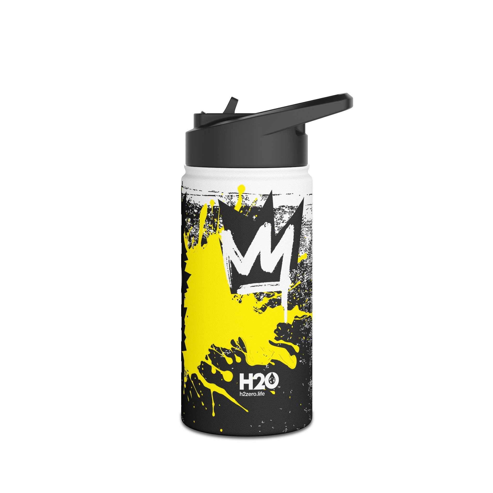 FIRSTY™ Limited Edition™ - 3 Sizes - Street King Black and Yellow Ink - Stainless Steel Water Bottle with Carry Handle and Straw Lid - BPA-Free, Eco-Friendly