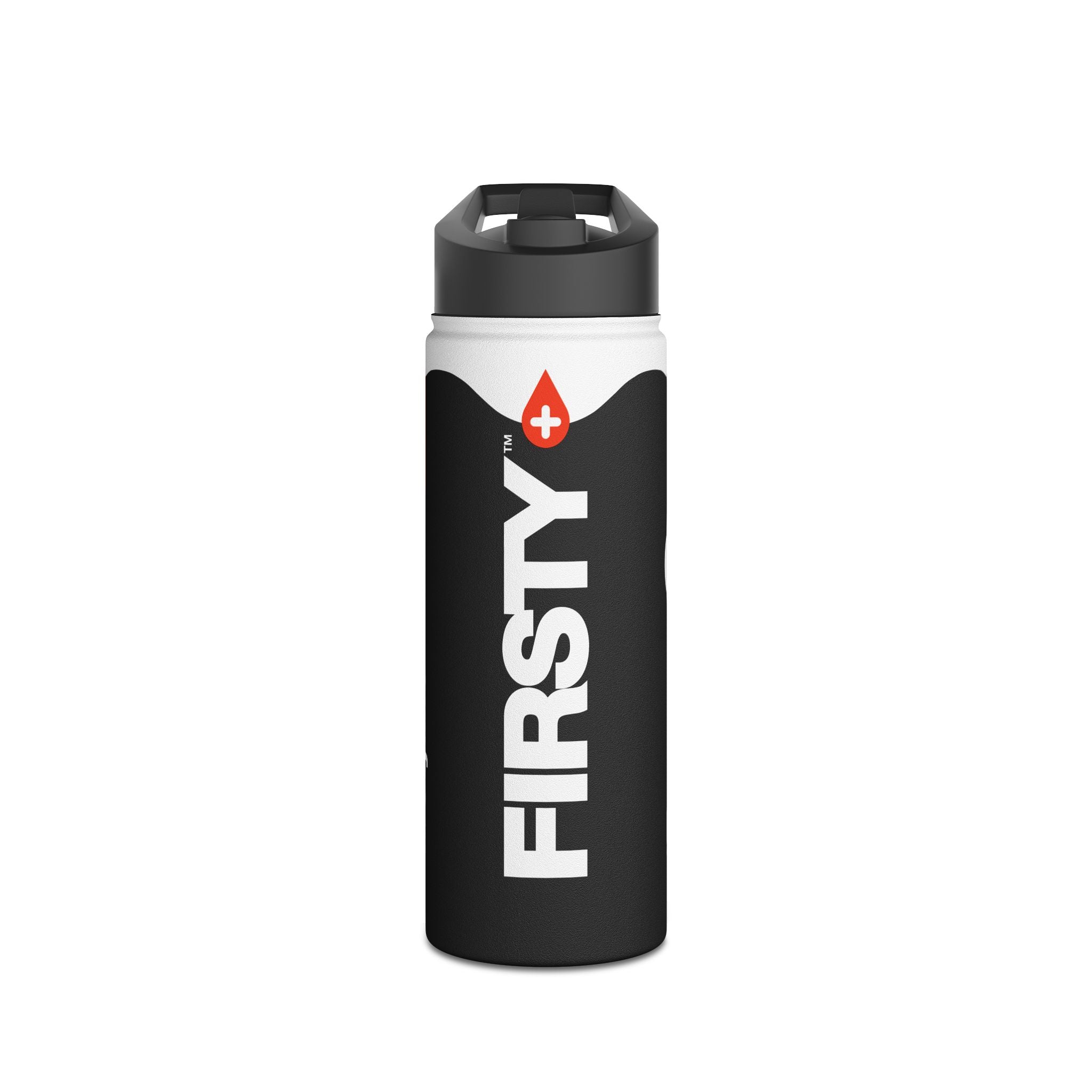 FIRSTY™ Wave™ 3 Sizes - Black with Orange - Stainless Steel Water Bottle with Carry Handle and Straw Lid - BPA-Free, Eco-Friendly