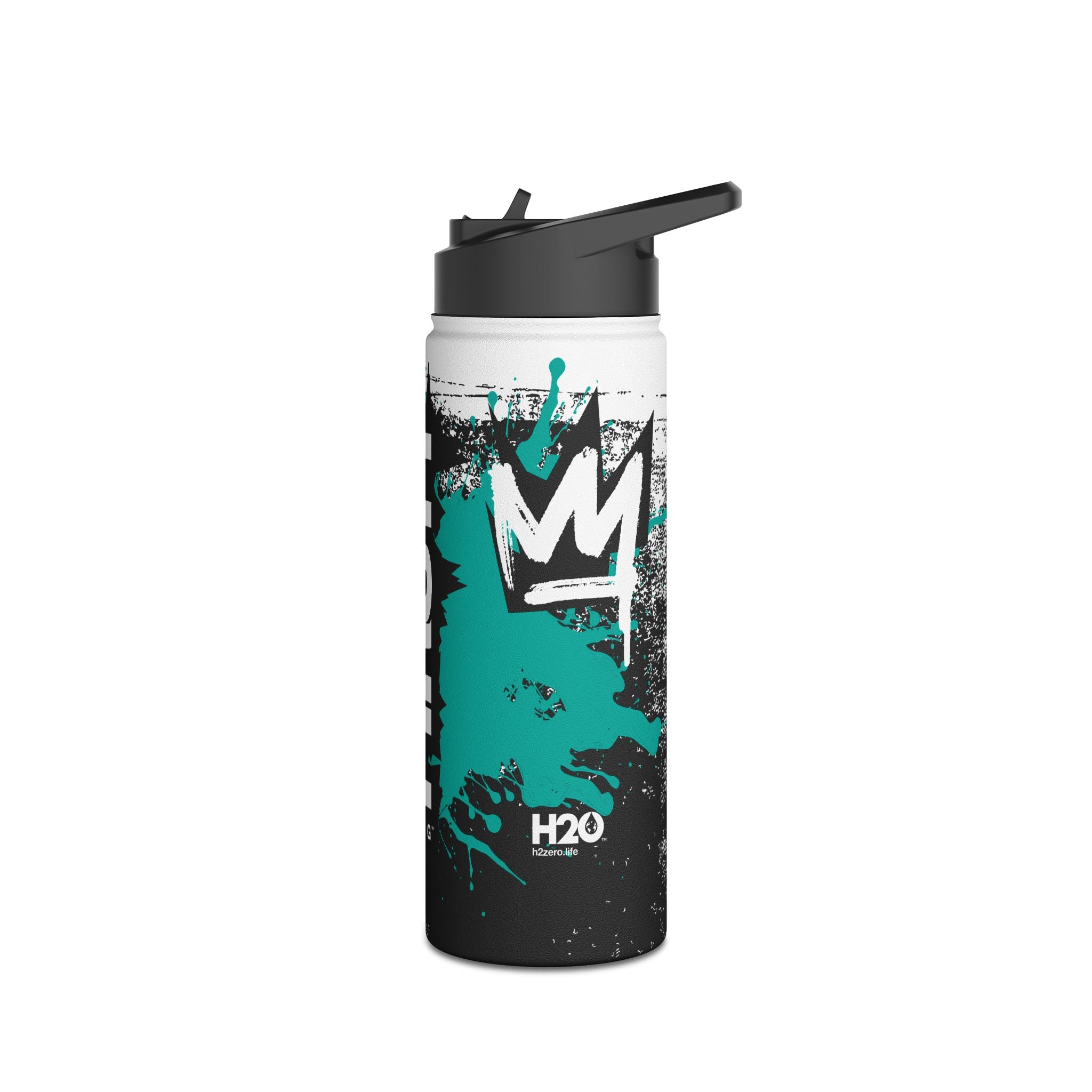 FIRSTY™ Limited Edition™ - 3 Sizes - Street King Black and Teal Ink - Stainless Steel Water Bottle with Carry Handle and Straw Lid - BPA-Free, Eco-Friendly