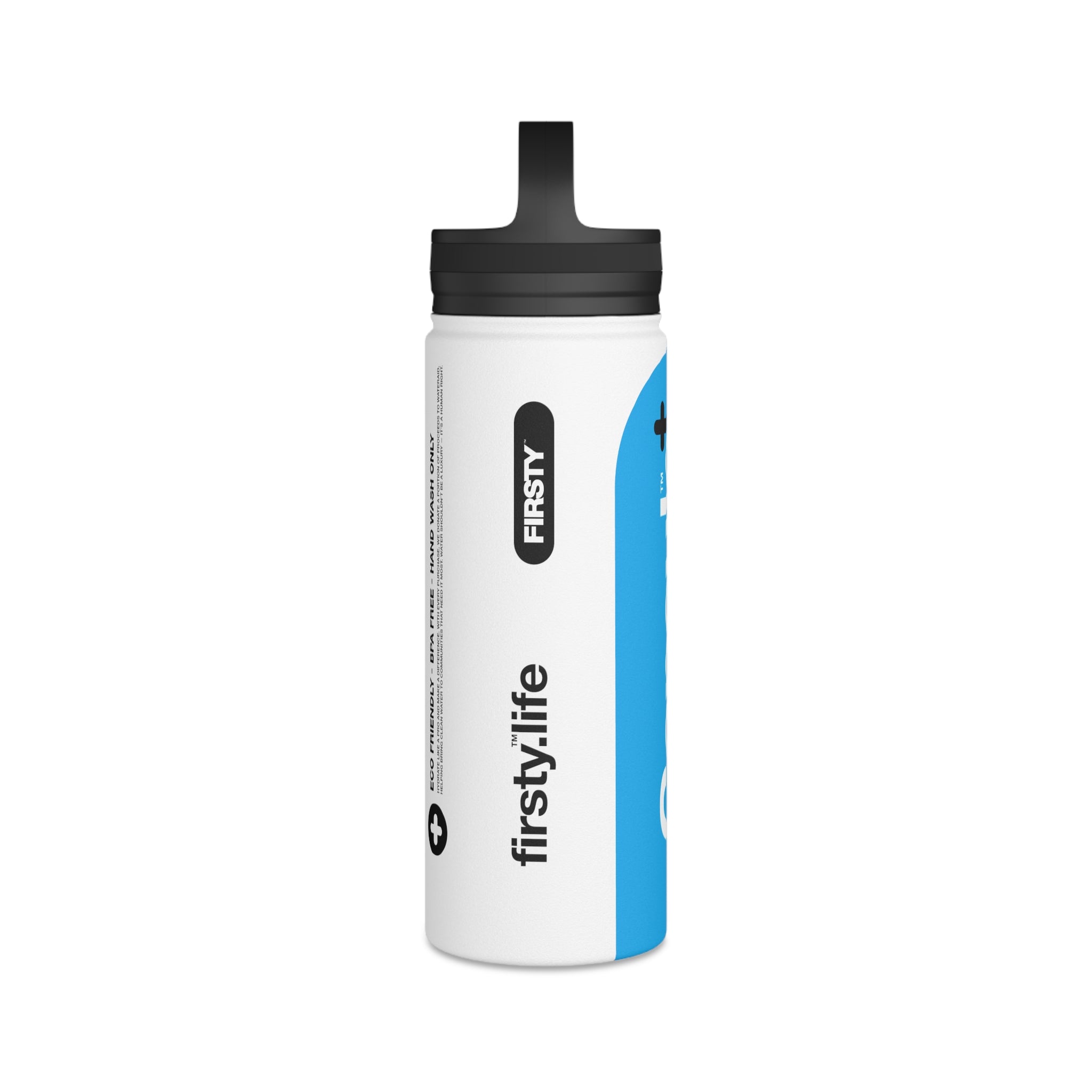 FIRSTY™ Capsule+™ Thirst First™ 3 Sizes - Blue & White  - Stainless Steel Water Bottle with Carry Handle - BPA-Free, Eco-Friendly