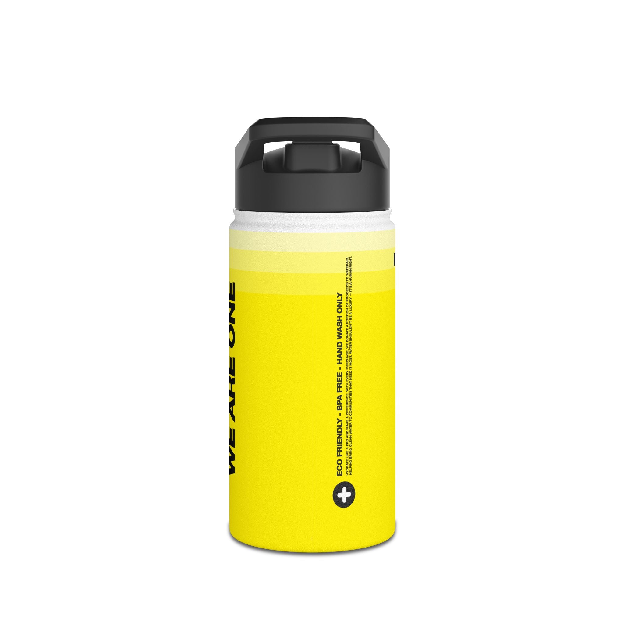 FIRSTY™ We Are One™ - 3 Sizes - Black on Yellow - Stainless Steel Water Bottle with Carry Handle and Straw Lid - BPA-Free, Eco-Friendly