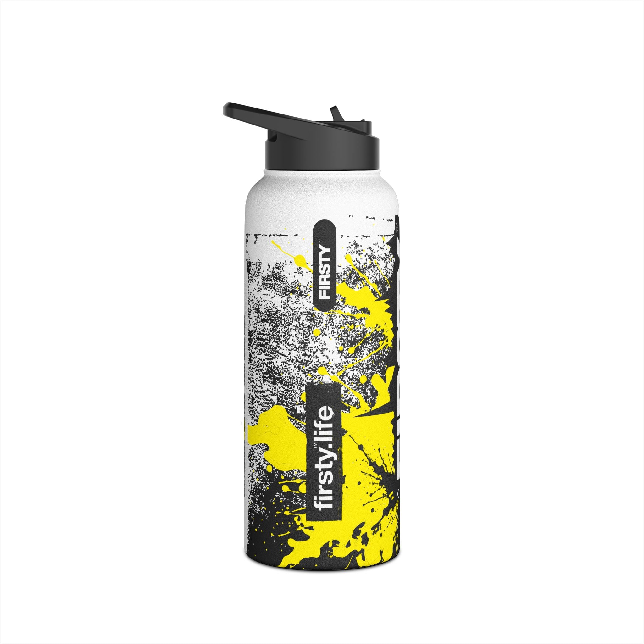 FIRSTY™ Limited Edition™ - 3 Sizes - Street King Black and Yellow Ink - Stainless Steel Water Bottle with Carry Handle and Straw Lid - BPA-Free, Eco-Friendly