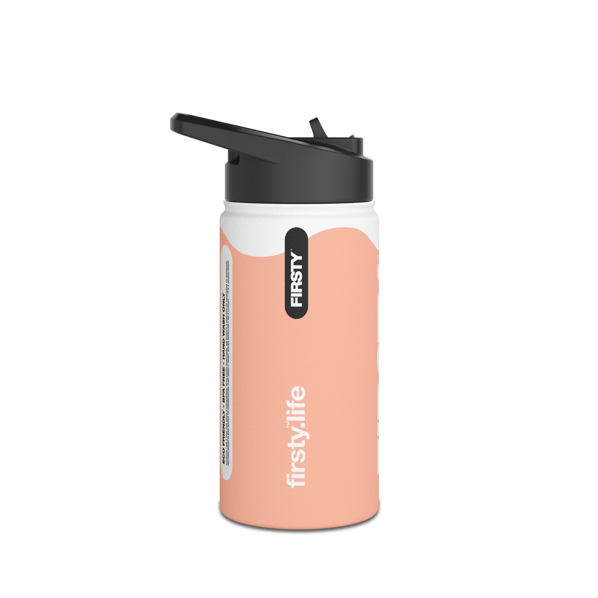 FIRSTY™ Wave™ 3 Sizes - Peach & White - Stainless Steel Water Bottle with Carry Handle and Straw Lid - BPA-Free, Eco-Friendly