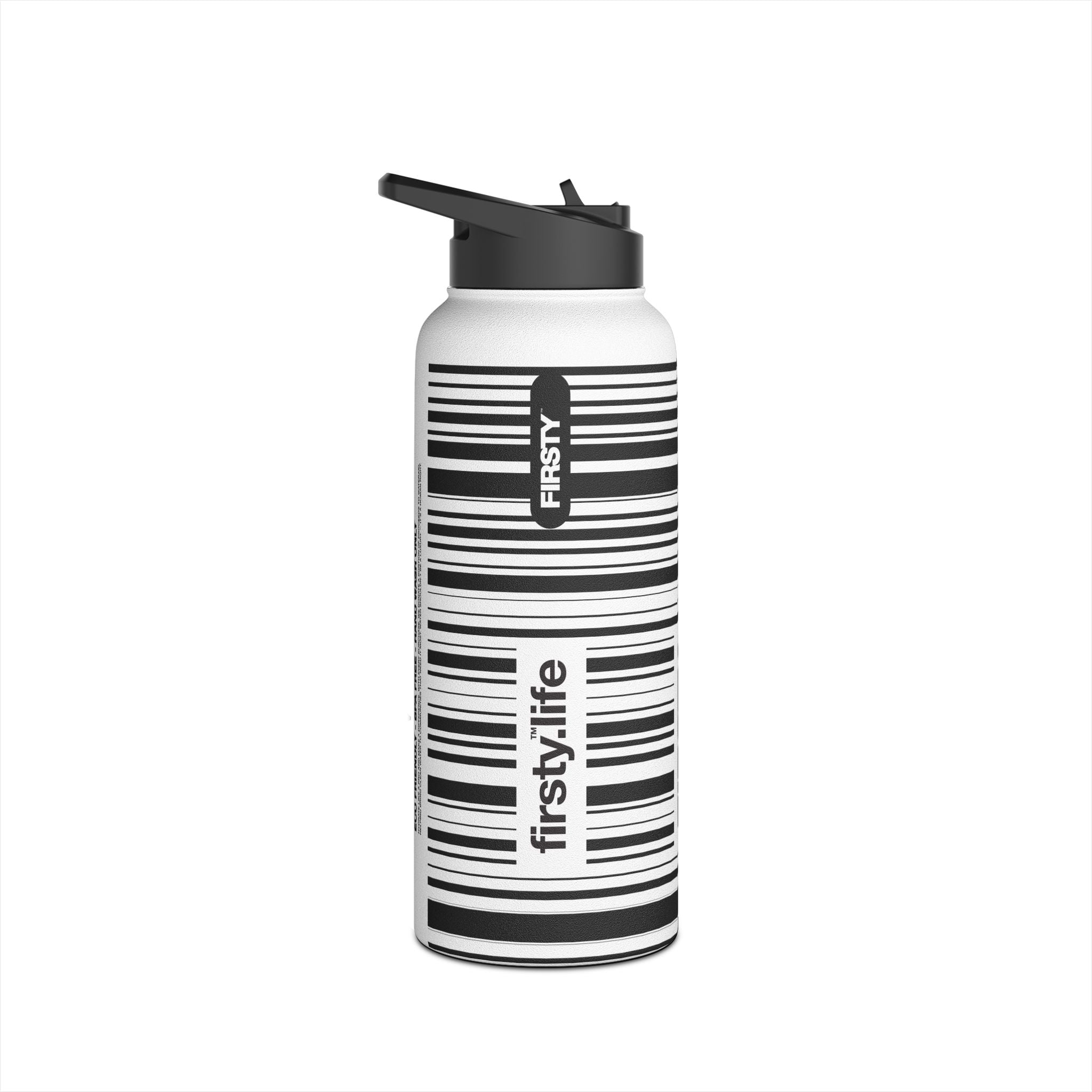 FIRSTY™ Limited Edition™ - 3 Sizes - Barcode Black - Stainless Steel Water Bottle with Carry Handle and Straw Lid - BPA-Free, Eco-Friendly