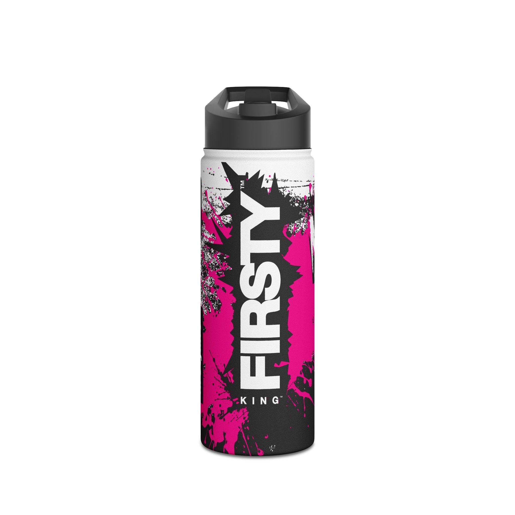 FIRSTY™ Limited Edition™ - 3 Sizes - Street King Black and Pink Ink - Stainless Steel Water Bottle with Carry Handle and Straw Lid - BPA-Free, Eco-Friendly