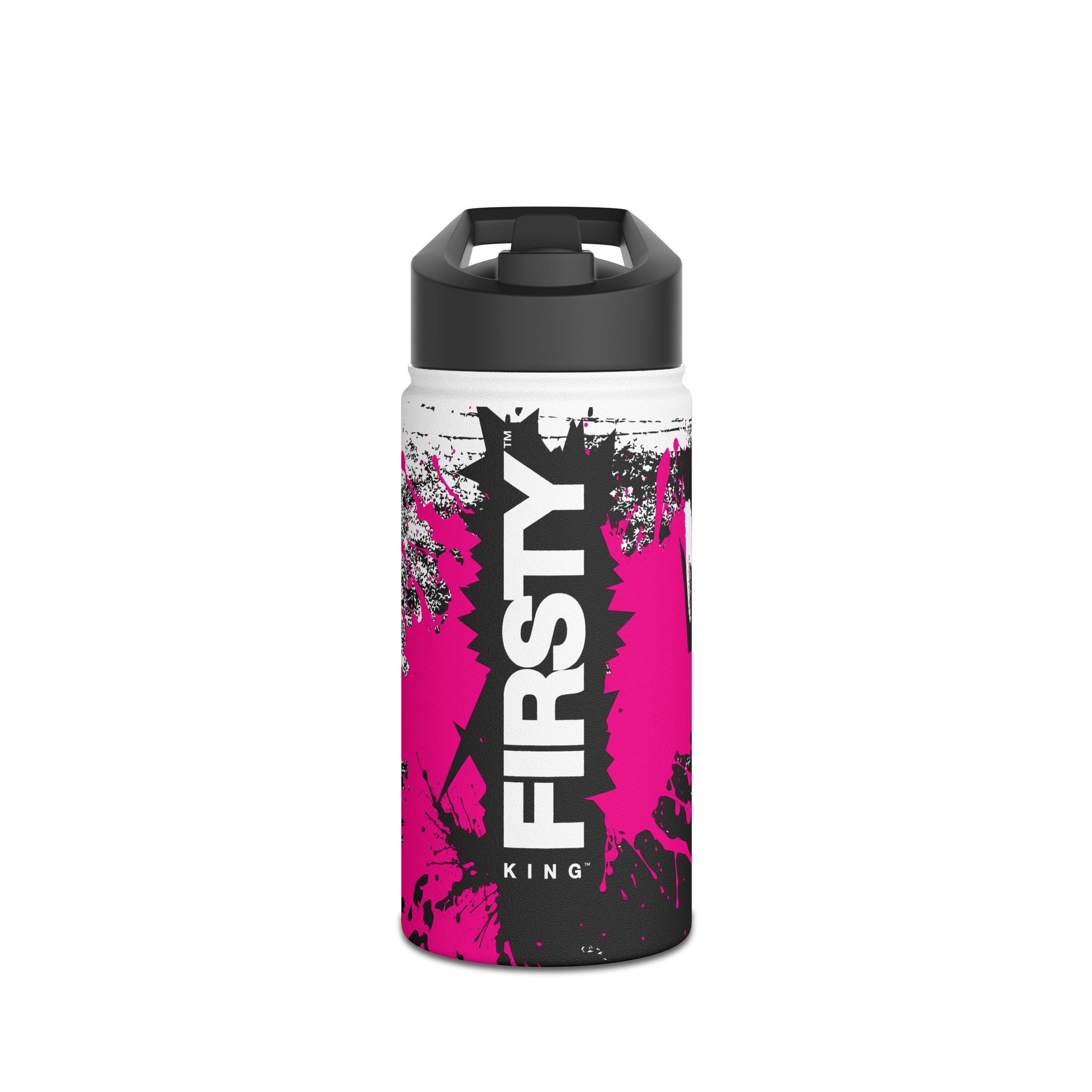 FIRSTY™ Limited Edition™ - 3 Sizes - Street King Black and Pink Ink - Stainless Steel Water Bottle with Carry Handle and Straw Lid - BPA-Free, Eco-Friendly
