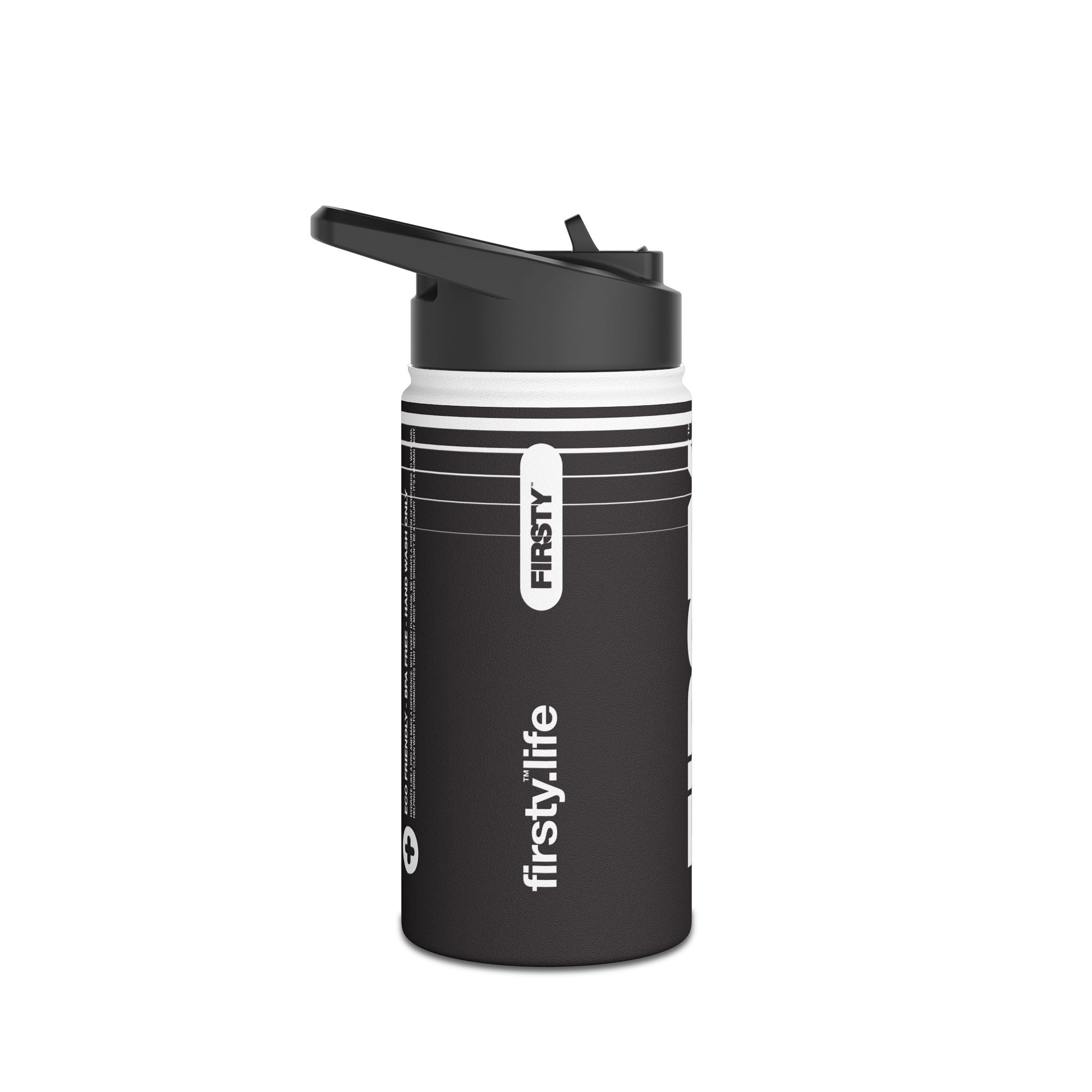 FIRSTY™ 3 Sizes - Hydrate Black - Stainless Steel Water Bottle with Carry Handle and Straw Lid - BPA-Free, Eco-Friendly