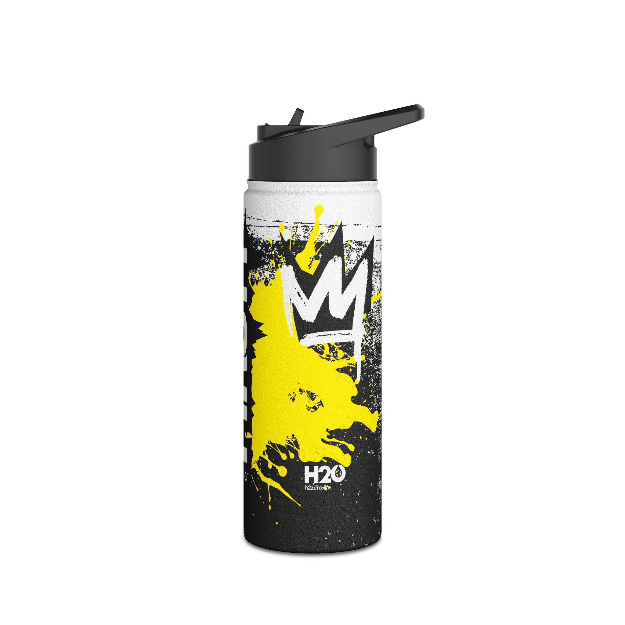 FIRSTY™ Limited Edition™ - 3 Sizes - Street King Black and Yellow Ink - Stainless Steel Water Bottle with Carry Handle and Straw Lid - BPA-Free, Eco-Friendly