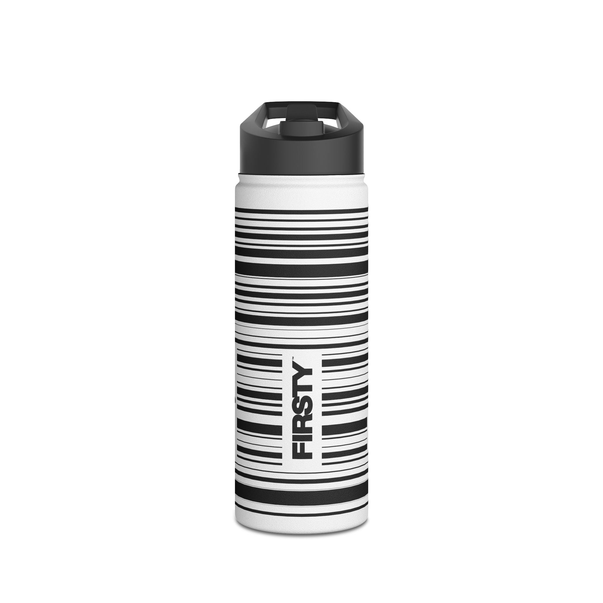 FIRSTY™ Limited Edition™ - 3 Sizes - Barcode Black - Stainless Steel Water Bottle with Carry Handle and Straw Lid - BPA-Free, Eco-Friendly