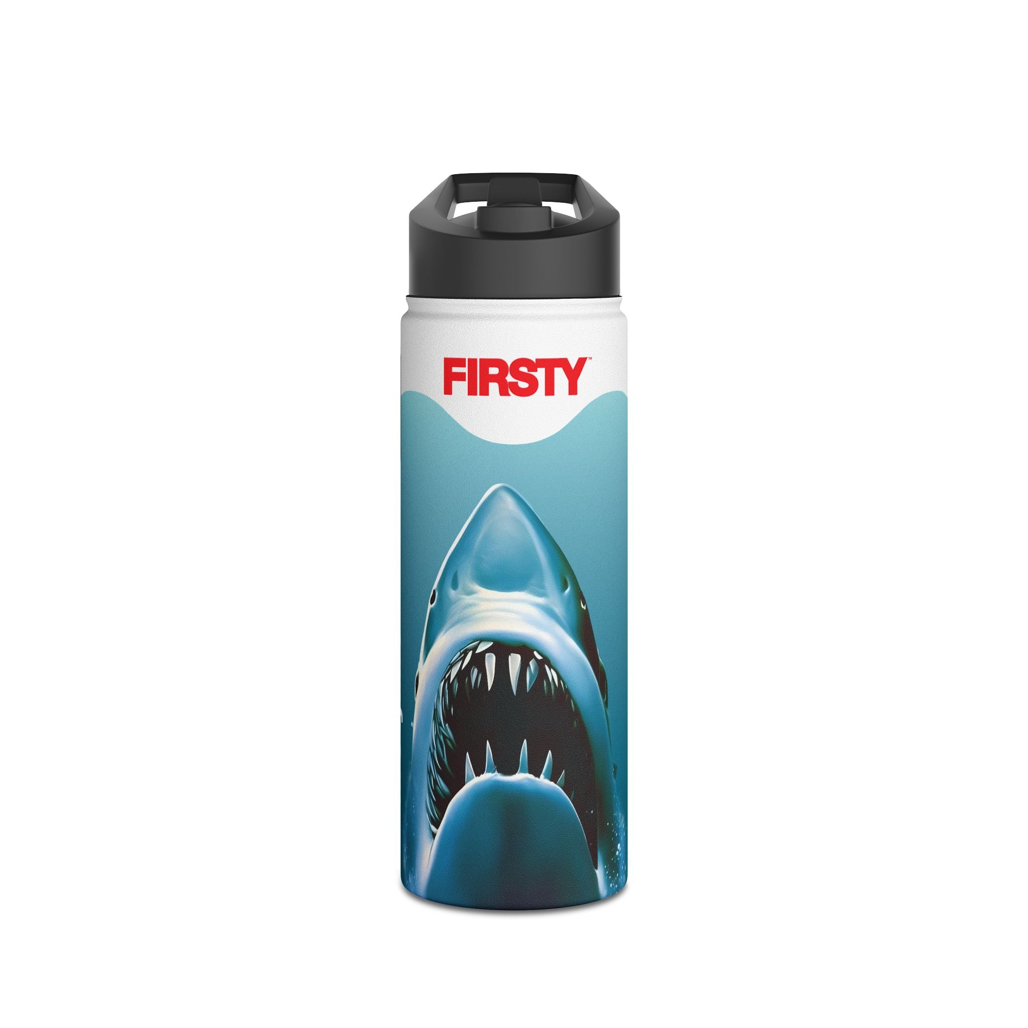 FIRSTY™ Limited Edition™ - 3 Sizes - Jaws Blue - Stainless Steel Water Bottle with Carry Handle and Straw Lid - BPA-Free, Eco-Friendly