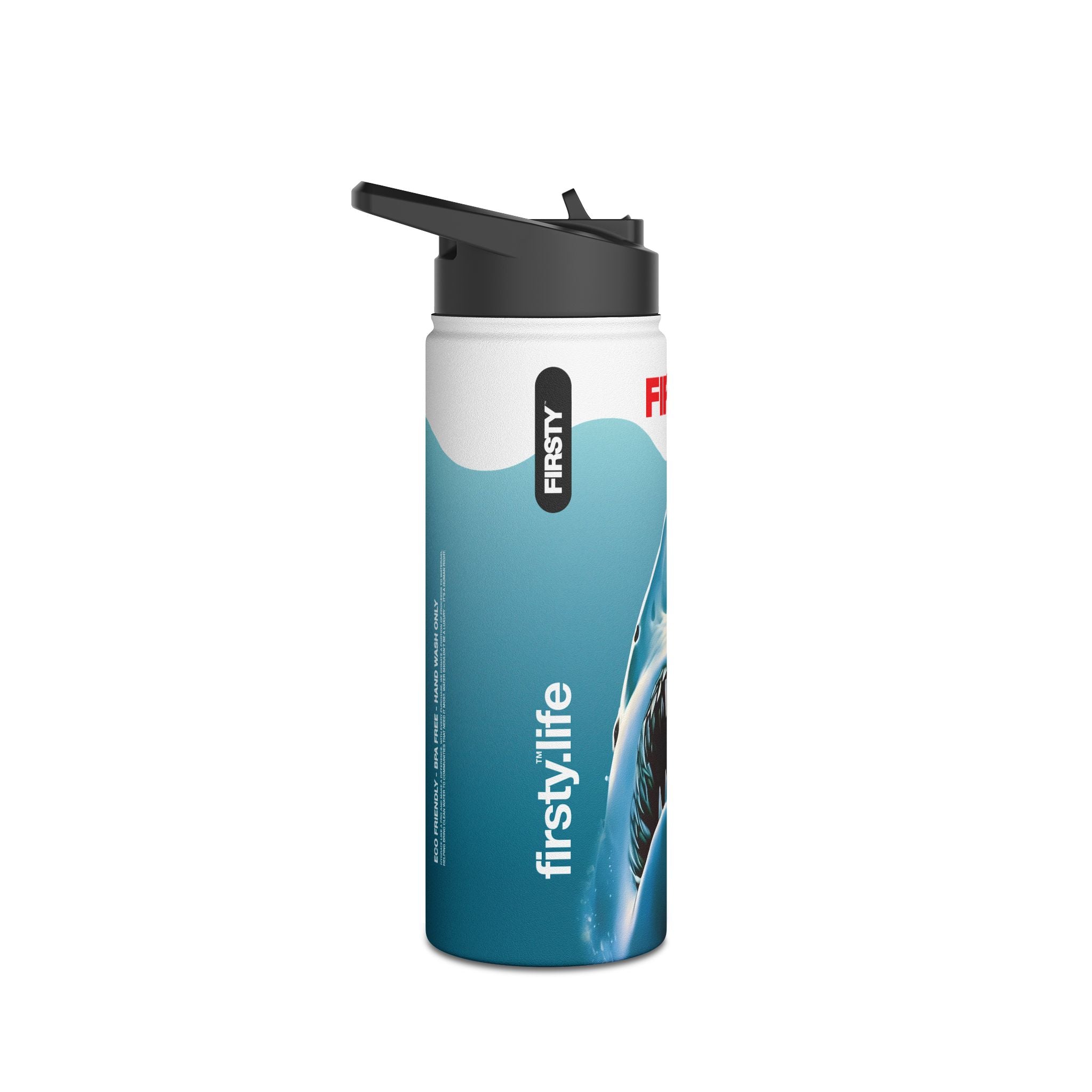 FIRSTY™ Limited Edition™ - 3 Sizes - Jaws Blue - Stainless Steel Water Bottle with Carry Handle and Straw Lid - BPA-Free, Eco-Friendly