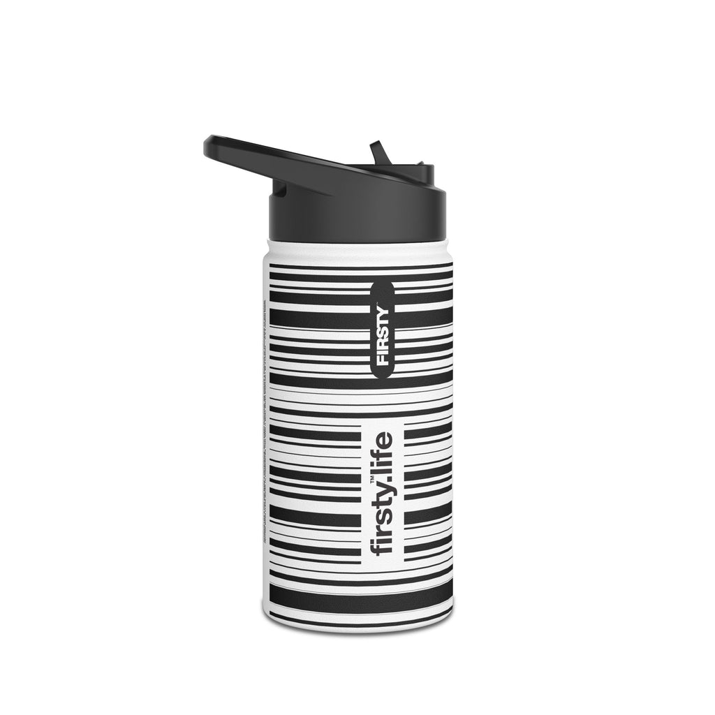 FIRSTY™ Limited Edition™ - 3 Sizes - Barcode Black - Stainless Steel Water Bottle with Carry Handle and Straw Lid - BPA-Free, Eco-Friendly