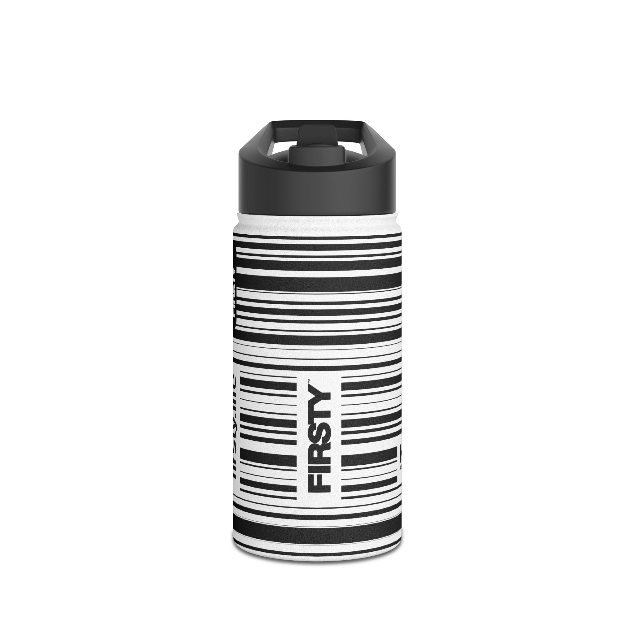 FIRSTY™ Limited Edition™ - 3 Sizes - Barcode Black - Stainless Steel Water Bottle with Carry Handle and Straw Lid - BPA-Free, Eco-Friendly
