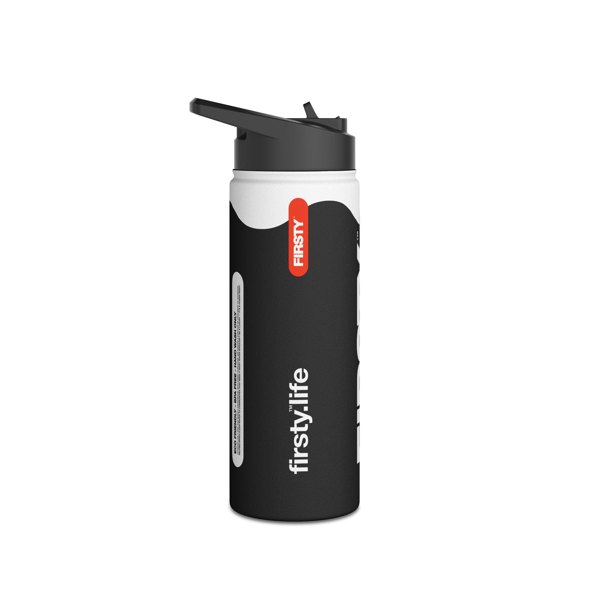 FIRSTY™ Wave™ 3 Sizes - Black with Orange - Stainless Steel Water Bottle with Carry Handle and Straw Lid - BPA-Free, Eco-Friendly
