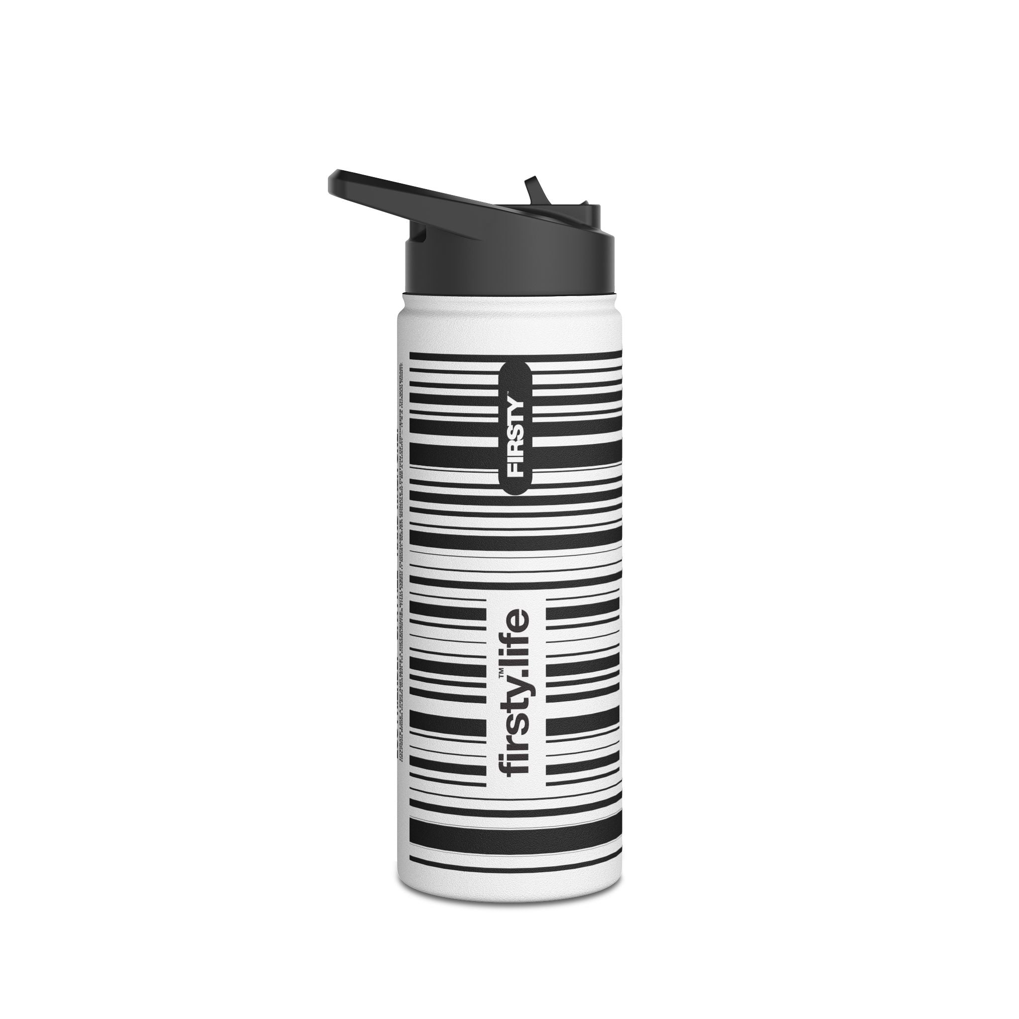 FIRSTY™ Limited Edition™ - 3 Sizes - Barcode Black - Stainless Steel Water Bottle with Carry Handle and Straw Lid - BPA-Free, Eco-Friendly