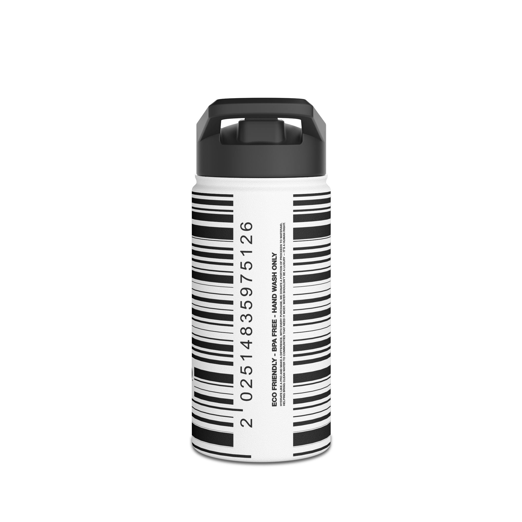 FIRSTY™ Limited Edition™ - 3 Sizes - Barcode Black - Stainless Steel Water Bottle with Carry Handle and Straw Lid - BPA-Free, Eco-Friendly