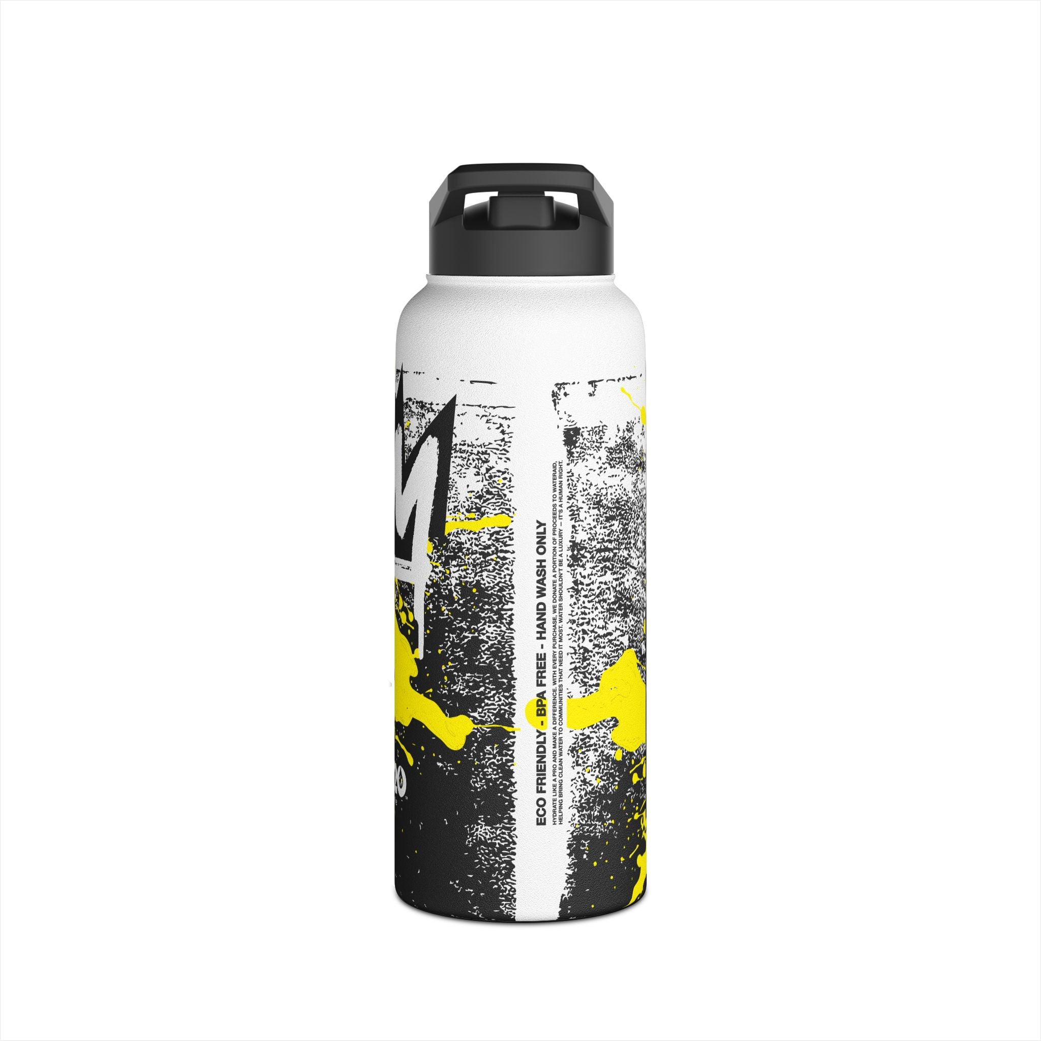 FIRSTY™ Limited Edition™ - 3 Sizes - Street King Black and Yellow Ink - Stainless Steel Water Bottle with Carry Handle and Straw Lid - BPA-Free, Eco-Friendly