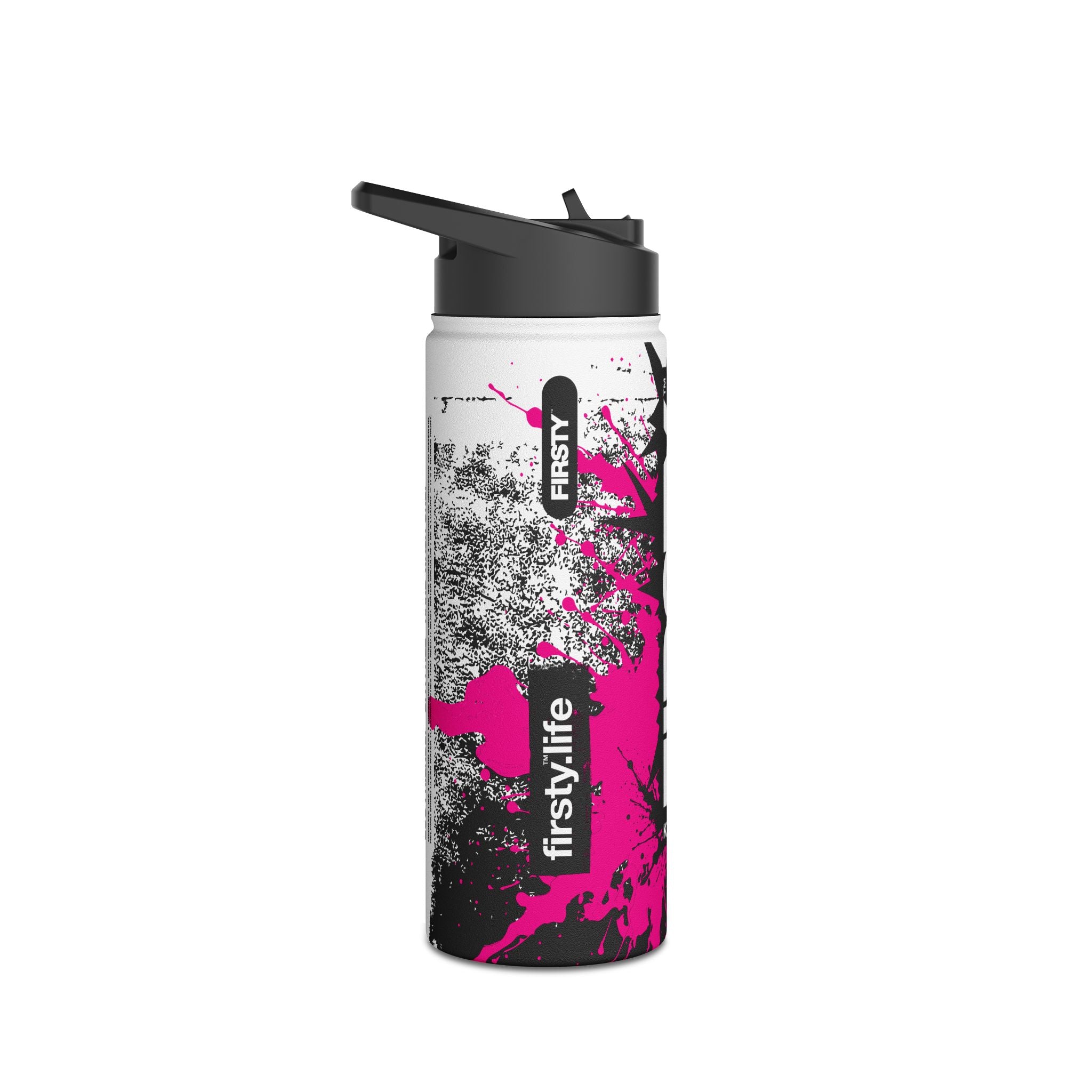 FIRSTY™ Limited Edition™ - 3 Sizes - Street King Black and Pink Ink - Stainless Steel Water Bottle with Carry Handle and Straw Lid - BPA-Free, Eco-Friendly