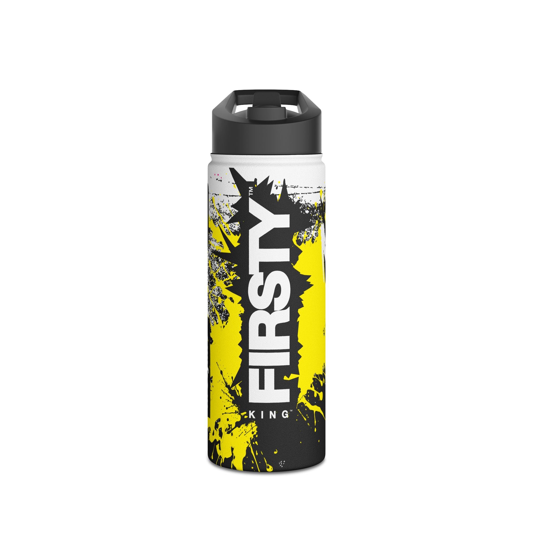 FIRSTY™ Limited Edition™ - 3 Sizes - Street King Black and Yellow Ink - Stainless Steel Water Bottle with Carry Handle and Straw Lid - BPA-Free, Eco-Friendly