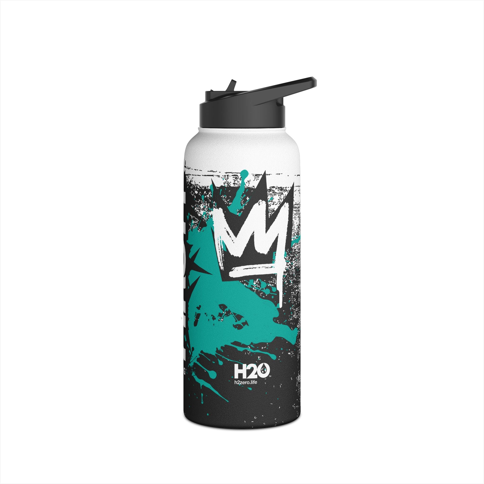 FIRSTY™ Limited Edition™ - 3 Sizes - Street King Black and Teal Ink - Stainless Steel Water Bottle with Carry Handle and Straw Lid - BPA-Free, Eco-Friendly