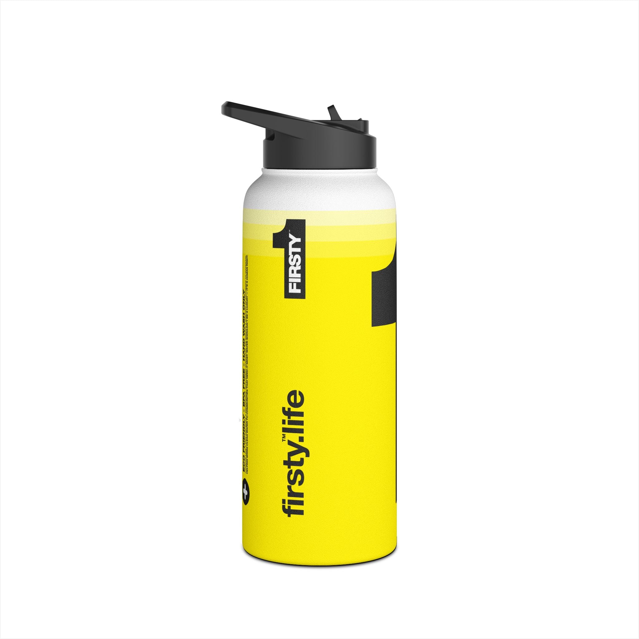 FIRSTY™ We Are One™ - 3 Sizes - Black on Yellow - Stainless Steel Water Bottle with Carry Handle and Straw Lid - BPA-Free, Eco-Friendly